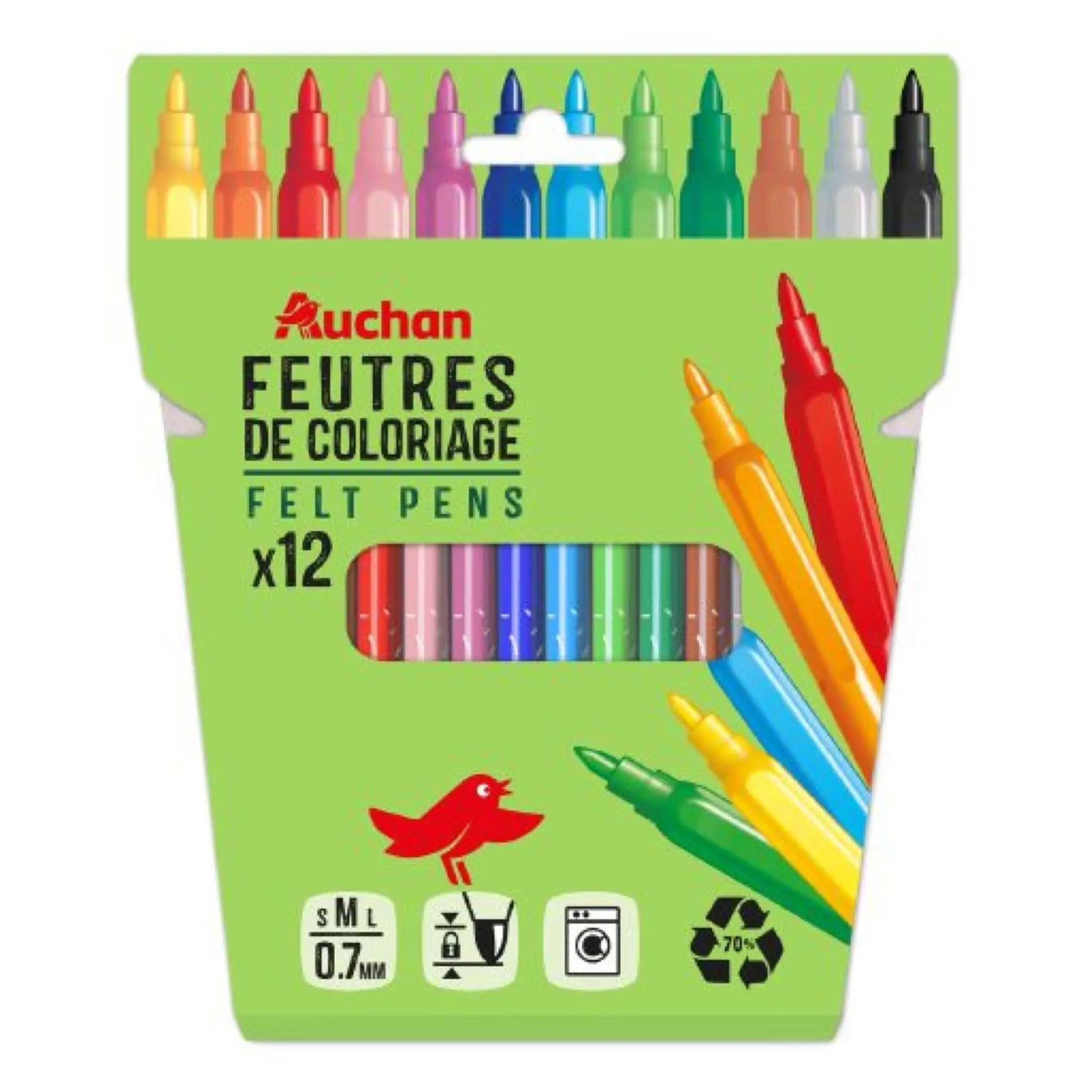 AUCHAN Etui de 12 feutres de coloriage pointe fine plastique recyclé