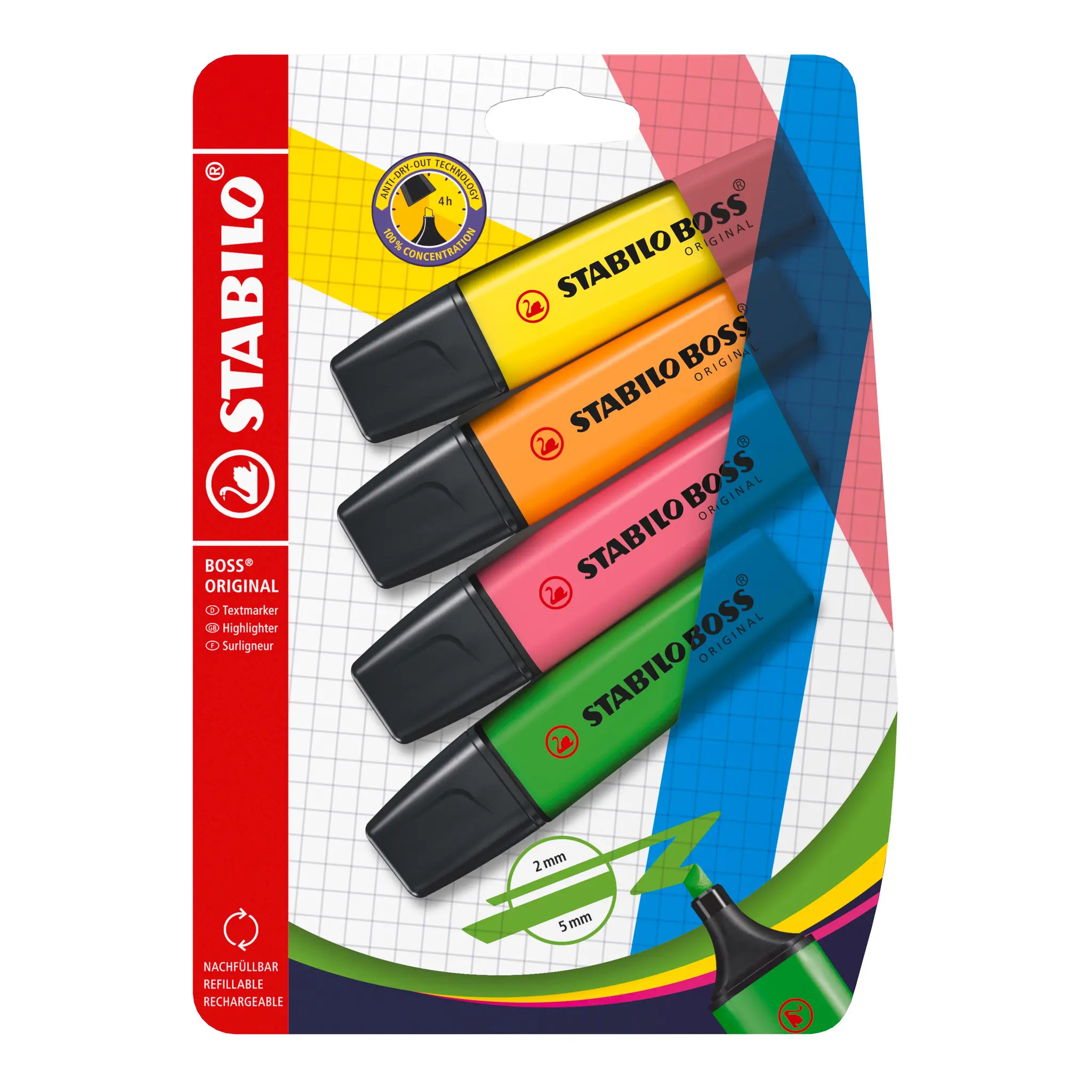 STABILO Surligneur x4 BOSS Original - Jaune / Rose / Vert / Orange