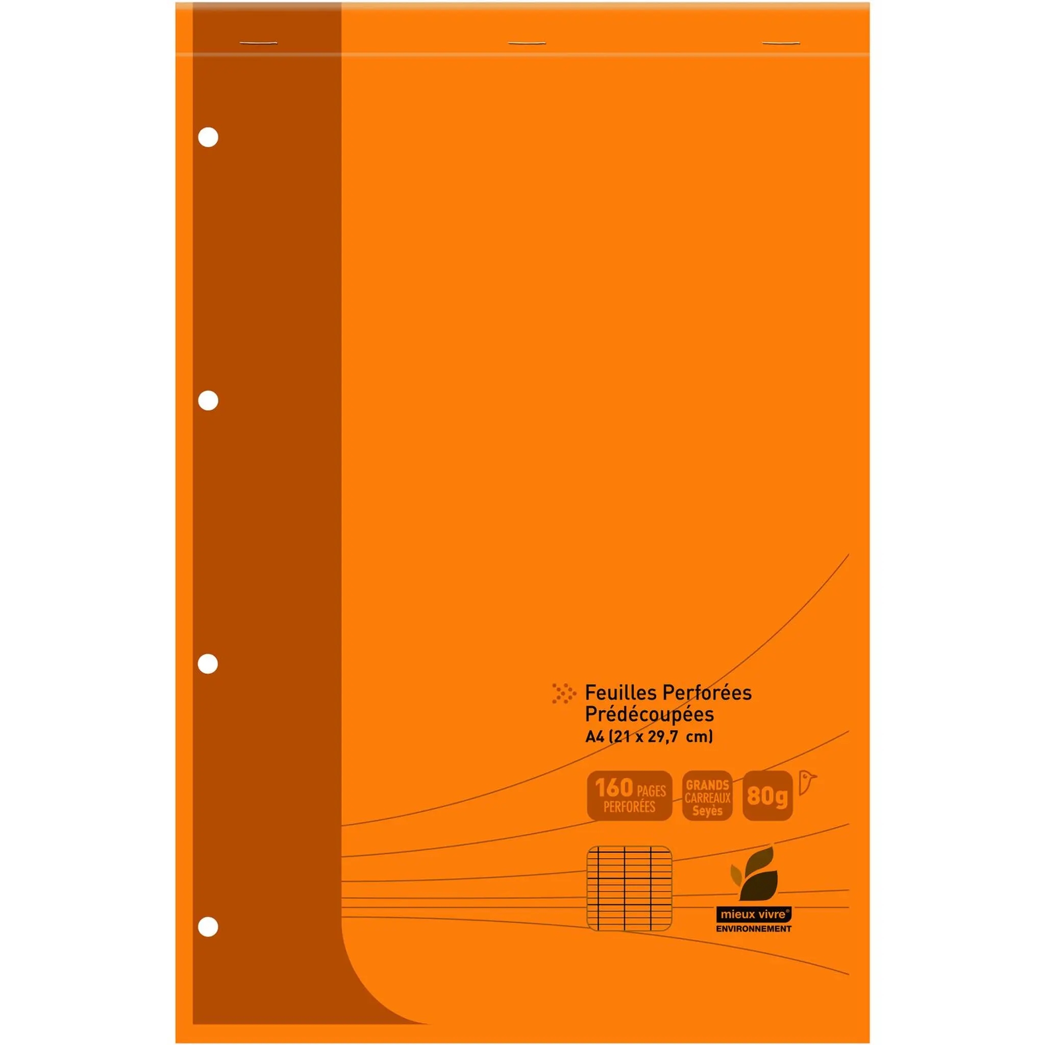 AUCHAN Bloc notes perforé 4 trous 21x31,5cm 160 pages grands carreaux Seyes orange