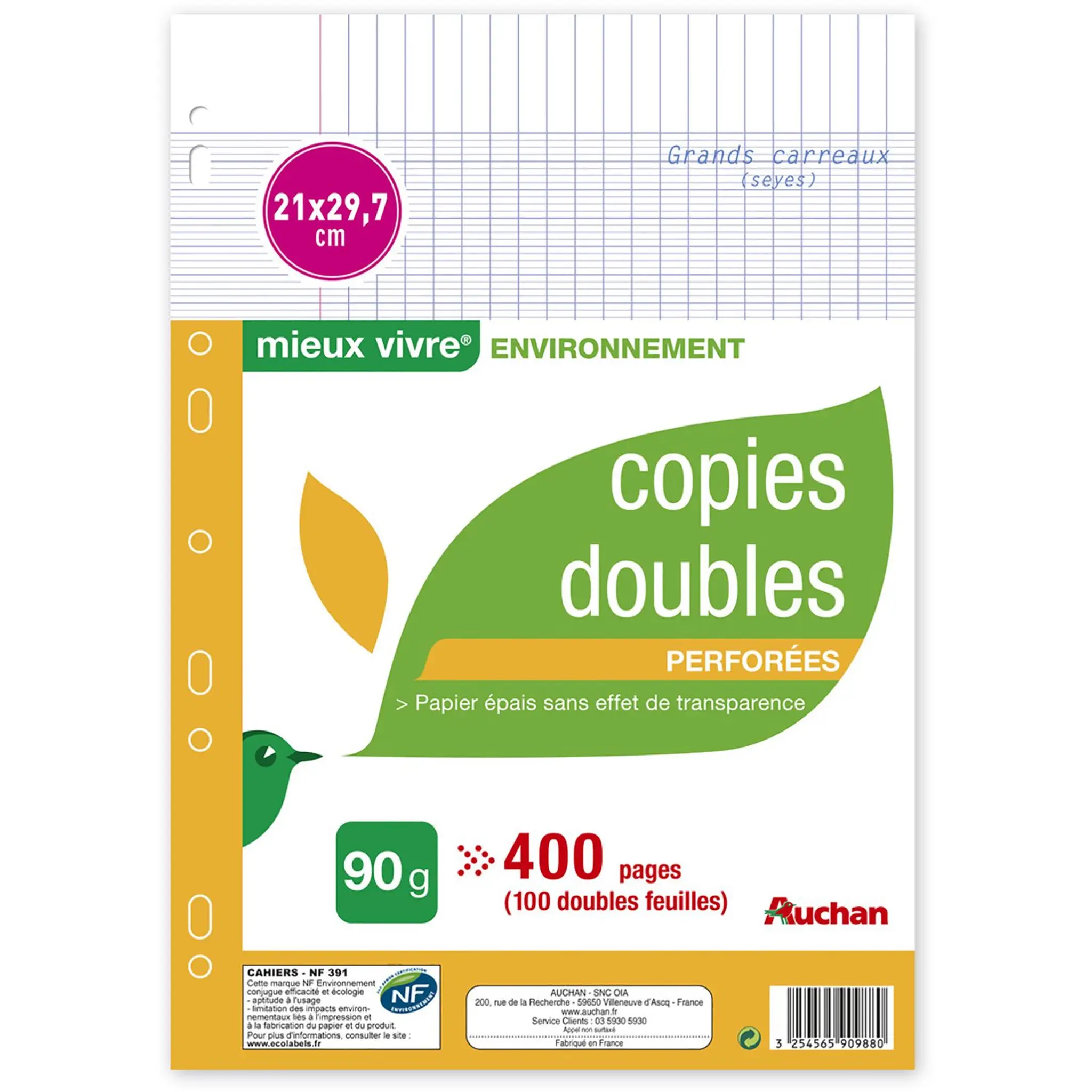 AUCHAN Copies doubles 400 pages 21x29,7cm grands carreaux Seyes perforées