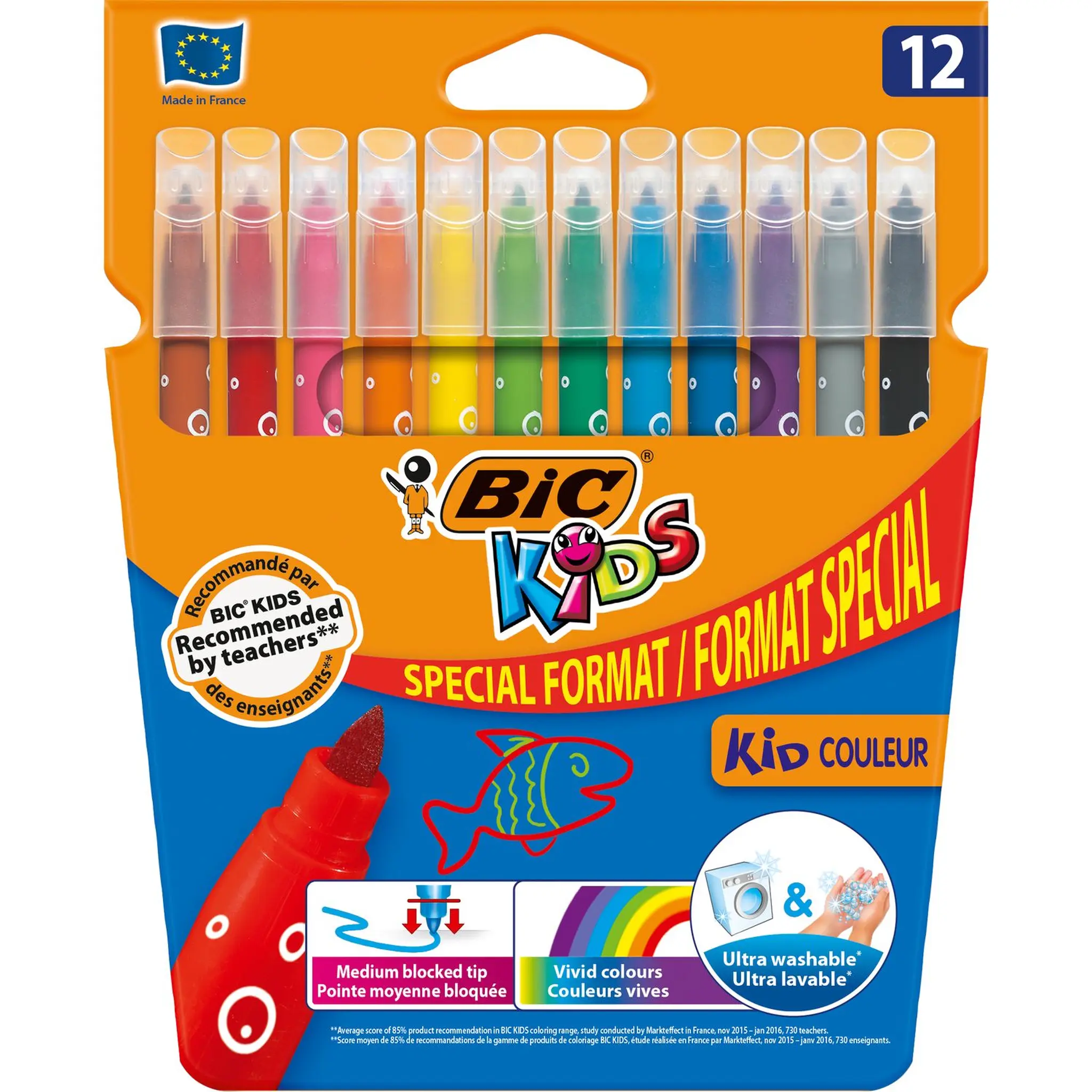 BIC Etui de 12 feutres de coloriage lavables pointe moyenne KID COULEUR