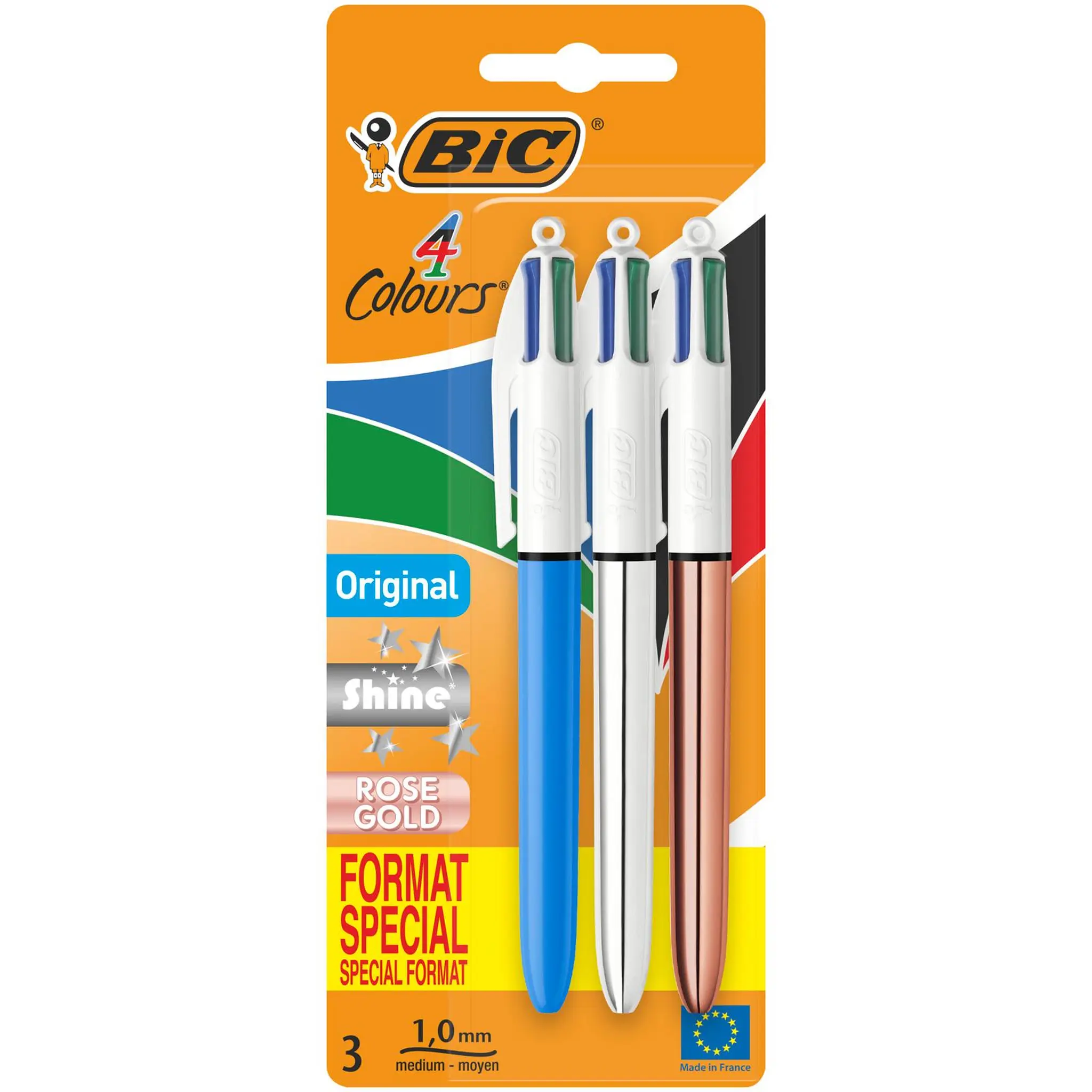 BIC Lot de 3 stylos bille 4 couleurs rétractables format spécial original/shine/rose gold