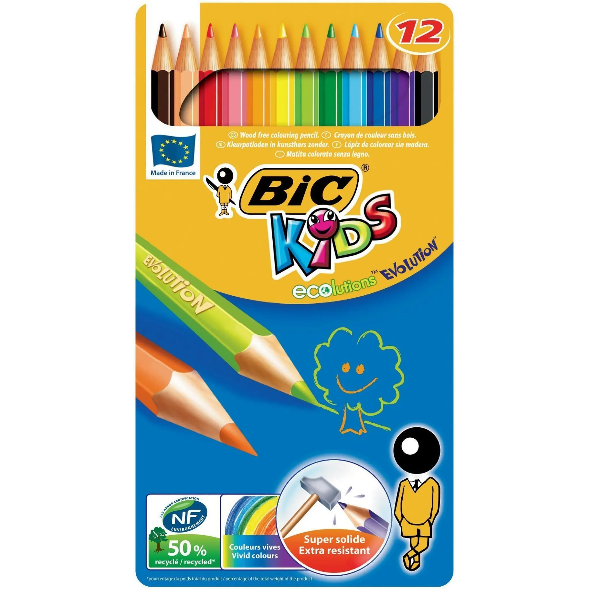 BIC Boîte en métal de 12 crayons de couleur Kids Evolution