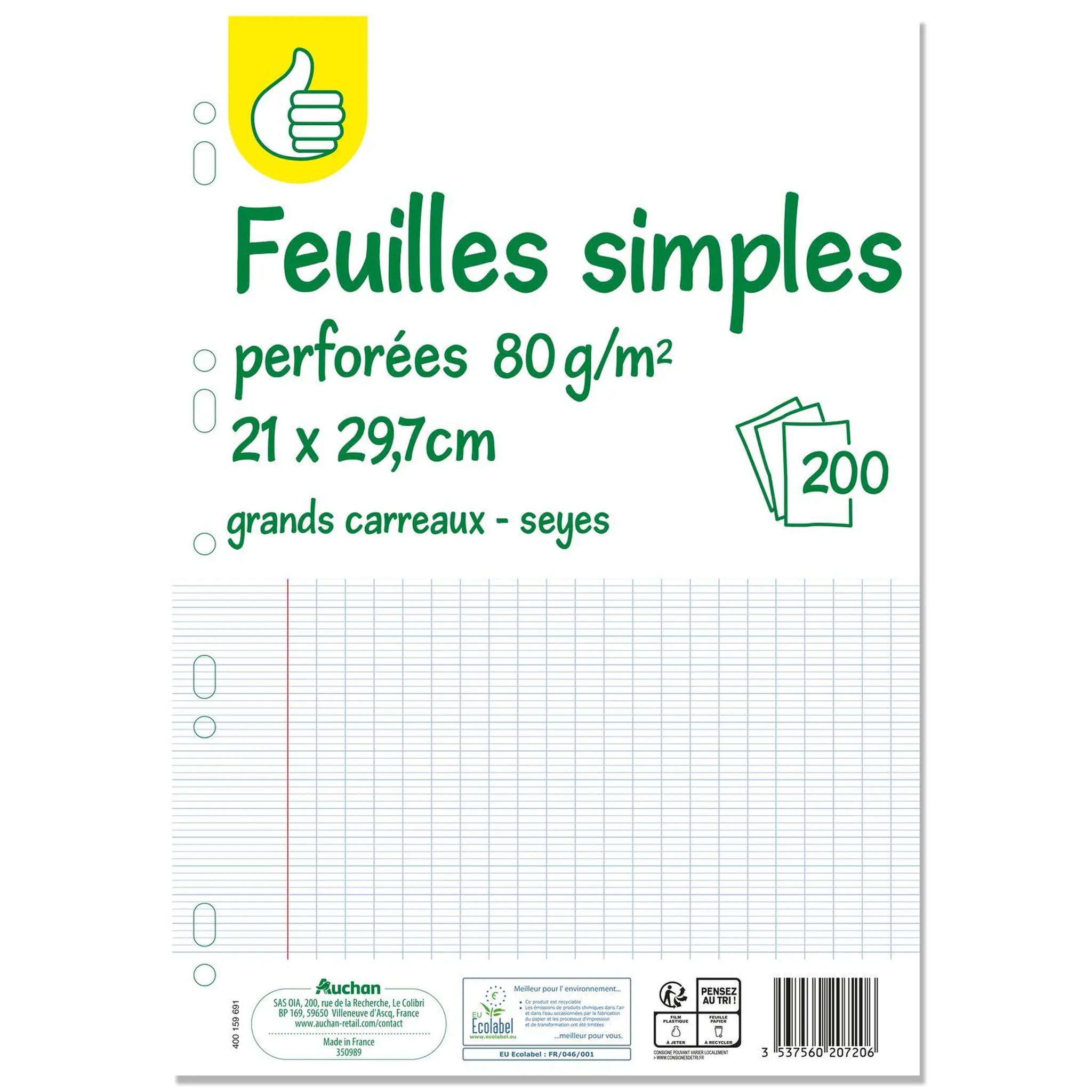 POUCE Feuilles simples 200 pages 21x29,7cm grands carreaux Seyes 80g perforées