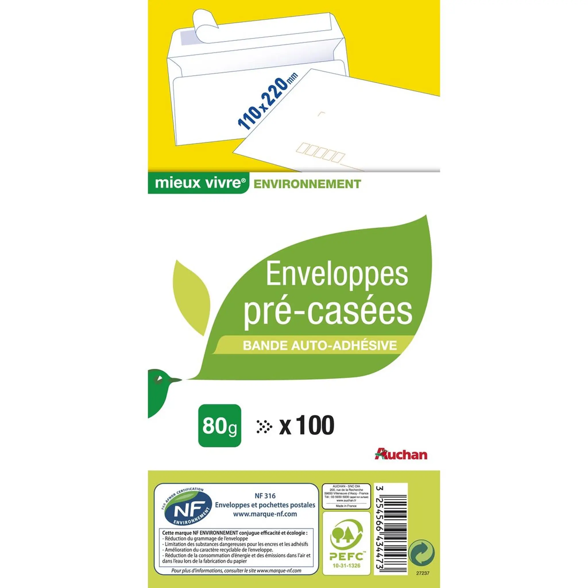 AUCHAN Enveloppes précasées auto adhésives 110x220mm