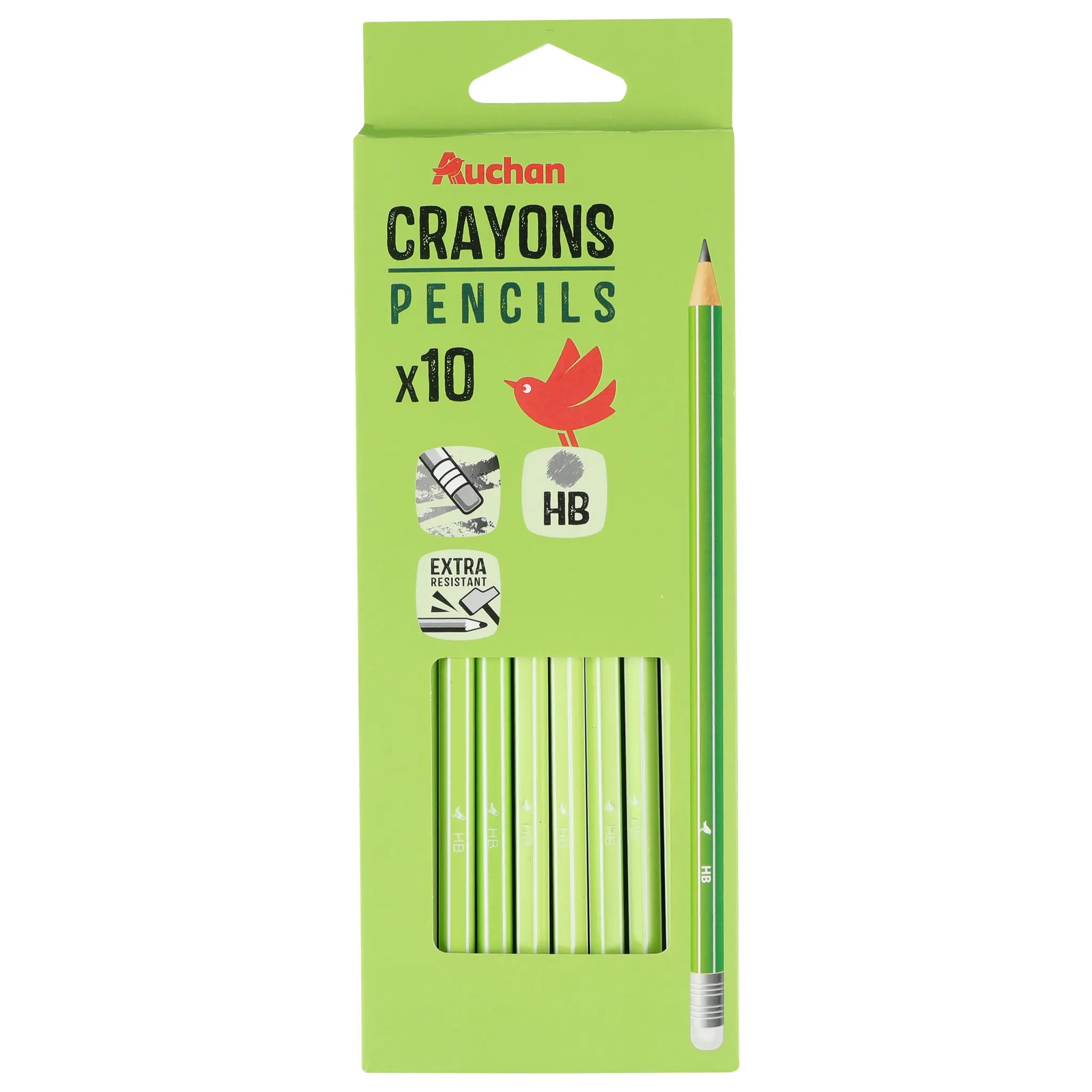 AUCHAN Lot de 10 Crayons Graphite HB Bout de gomme - Plastique