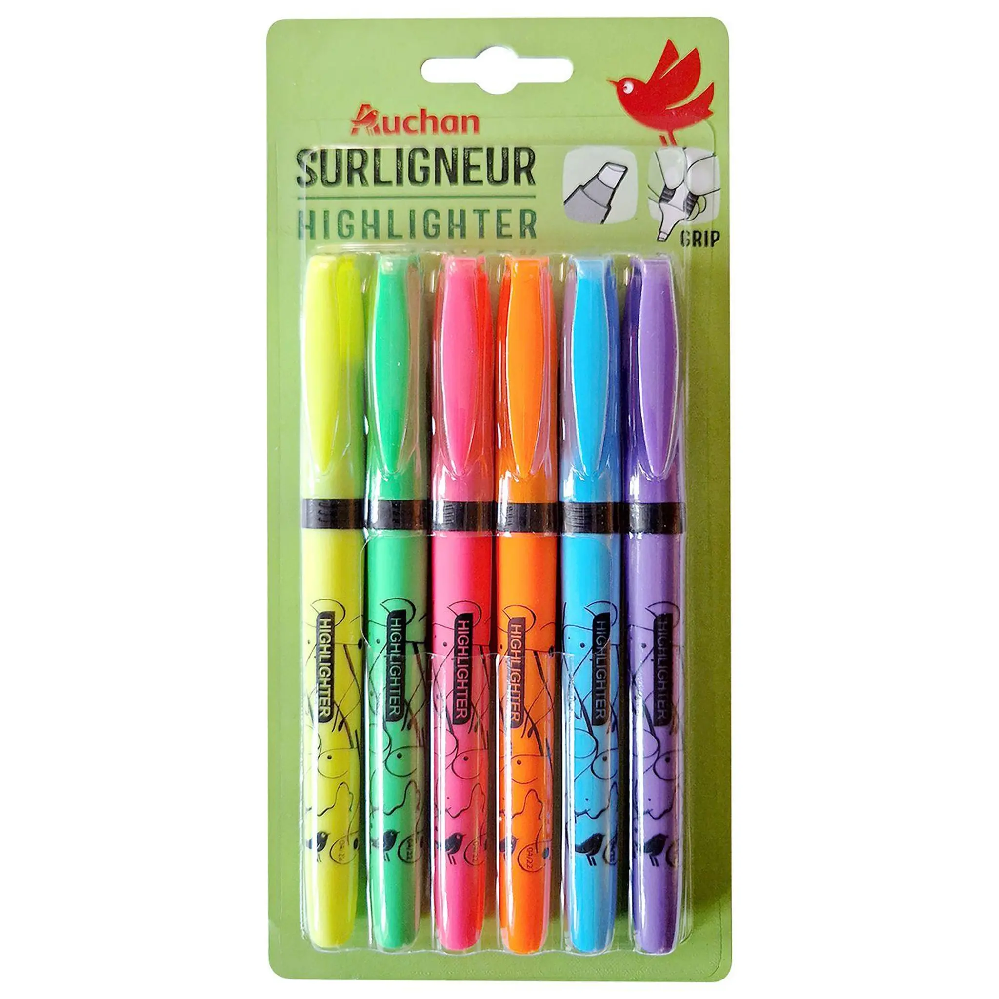 AUCHAN Lot de 6 stylos surligneurs coloris assortis