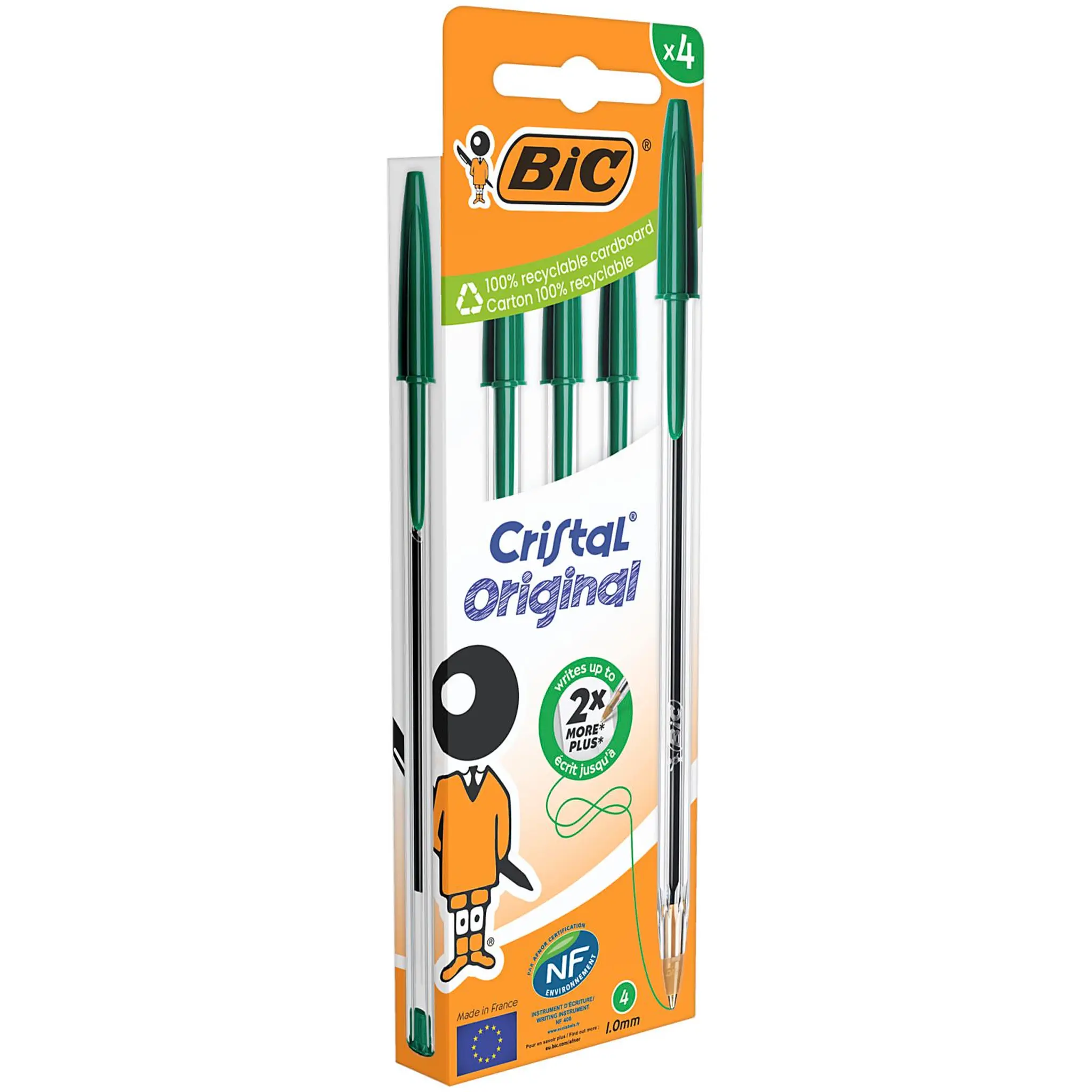 BIC Stylo Bille x4 Cristal Pointe moyenne - Vert