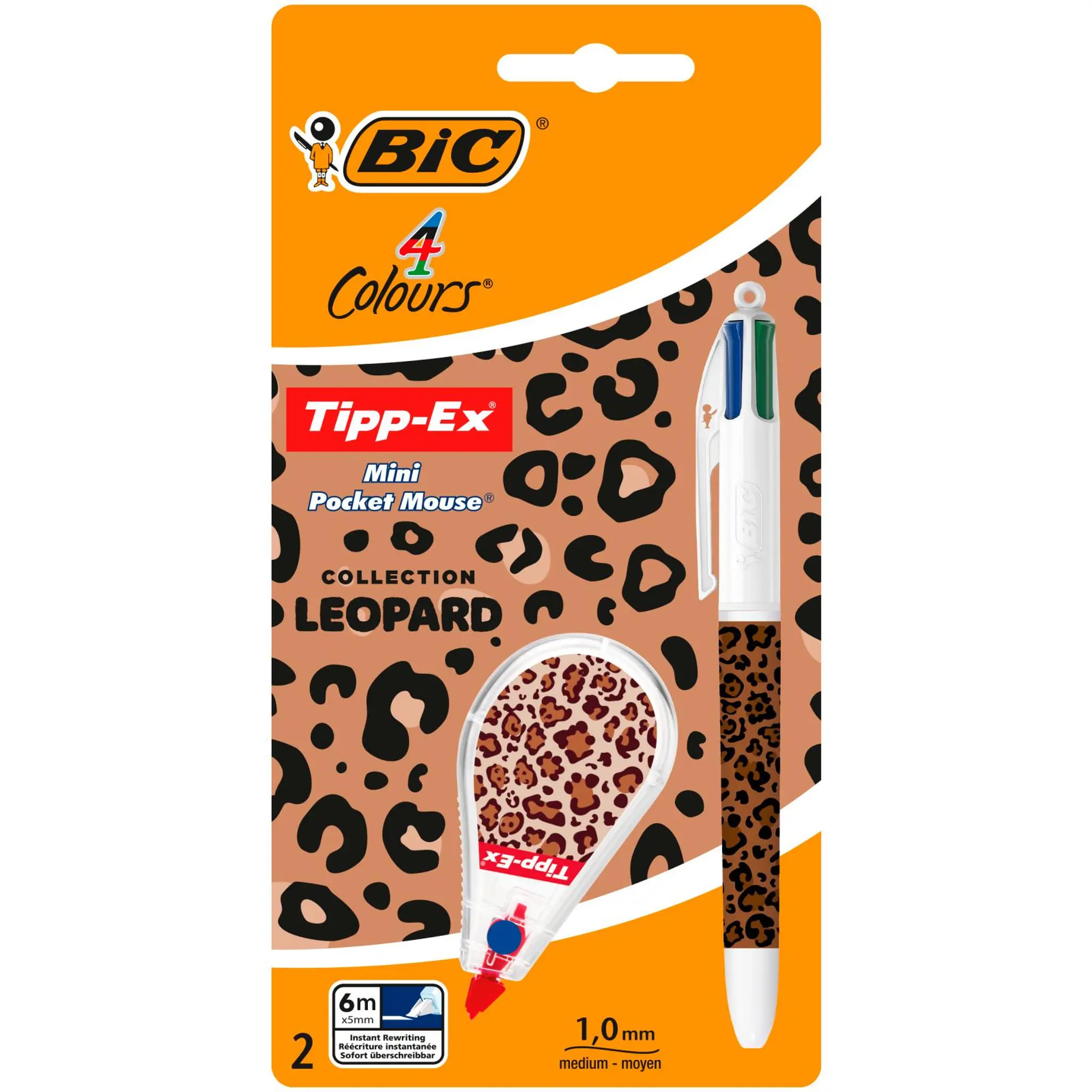 BIC Stylo 4 couleurs+Correcteur Tipp-Ex Mini Pocket Mouse Léopard