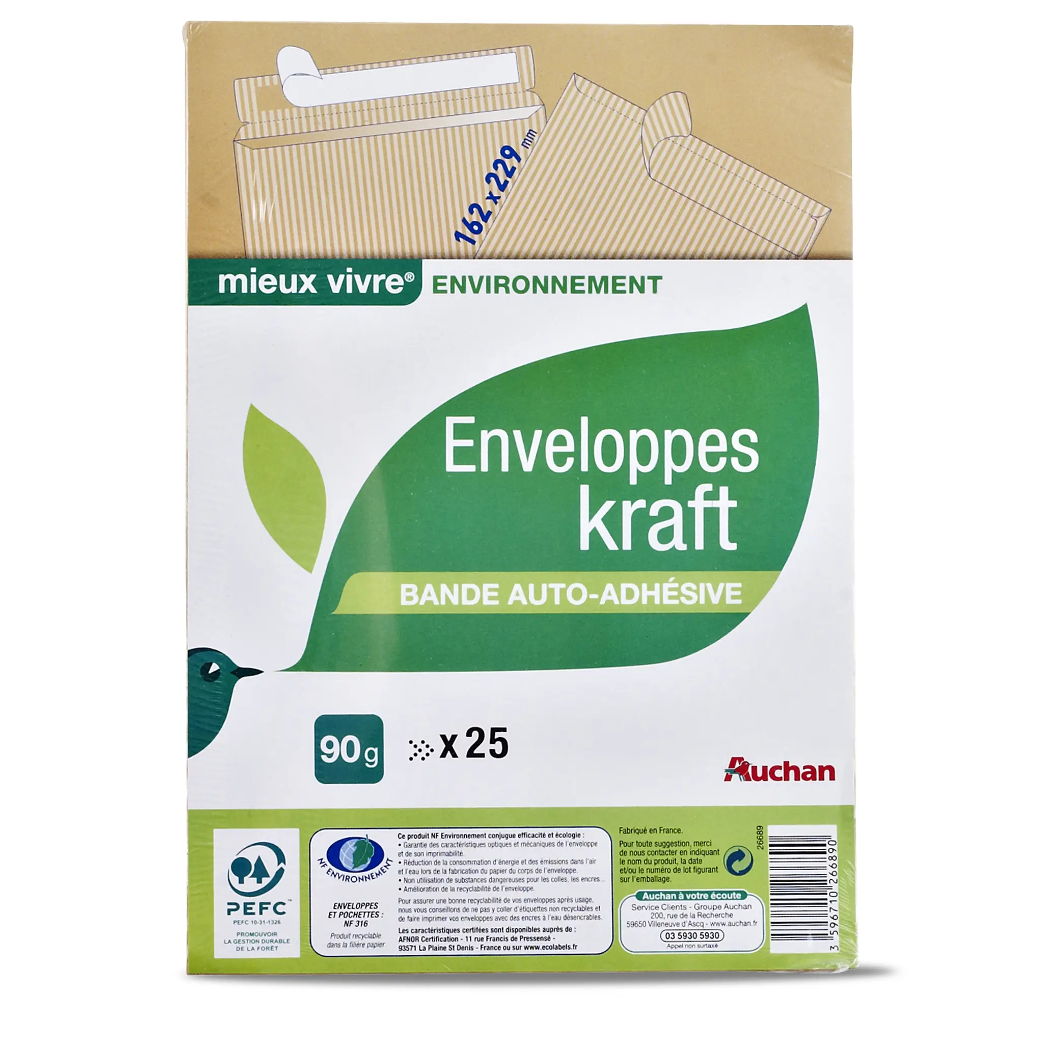 AUCHAN Enveloppes papier kraft 16.2x22.9cm auto adhésive