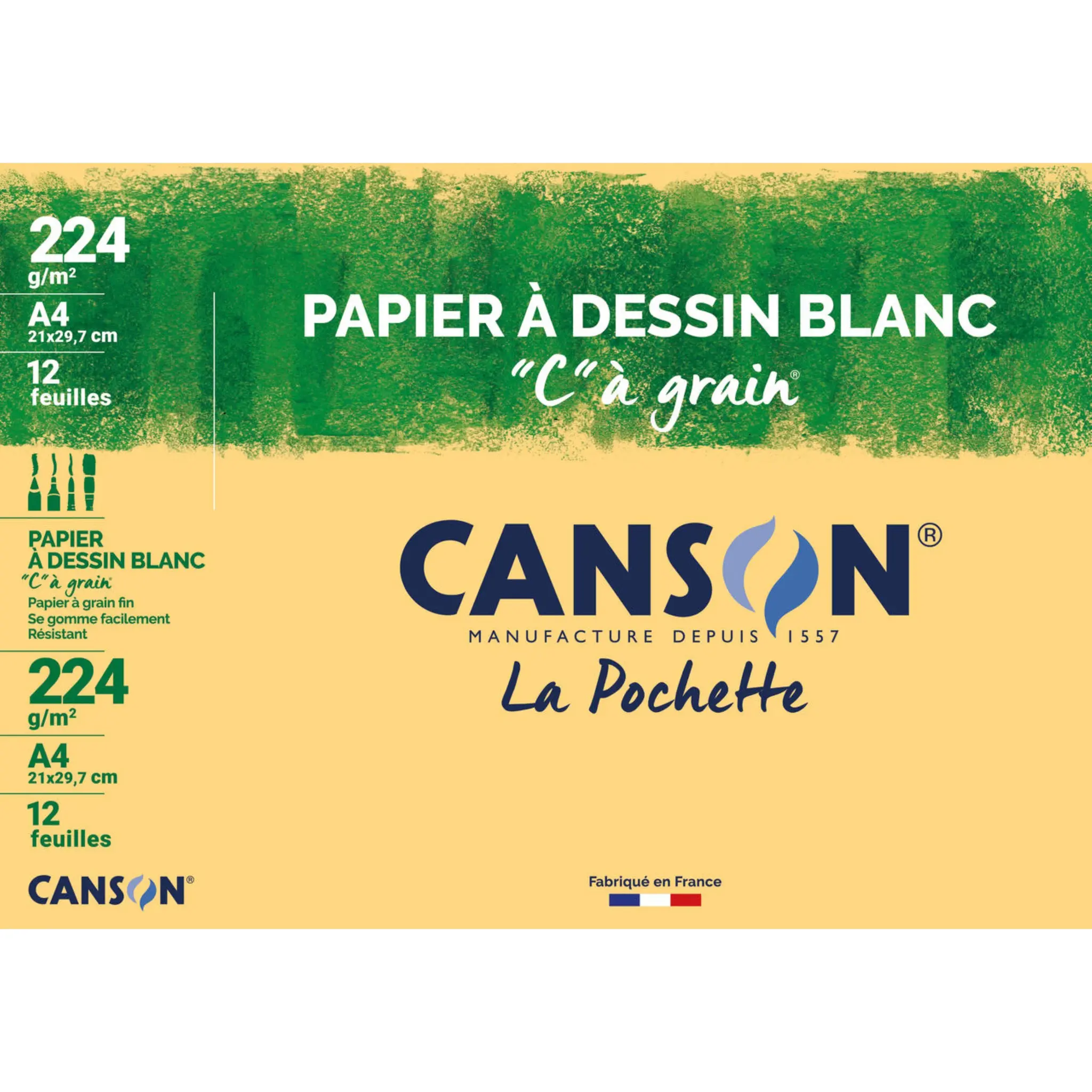 CANSON Pochette Feuille à grain x12 224G 21x29.7cm