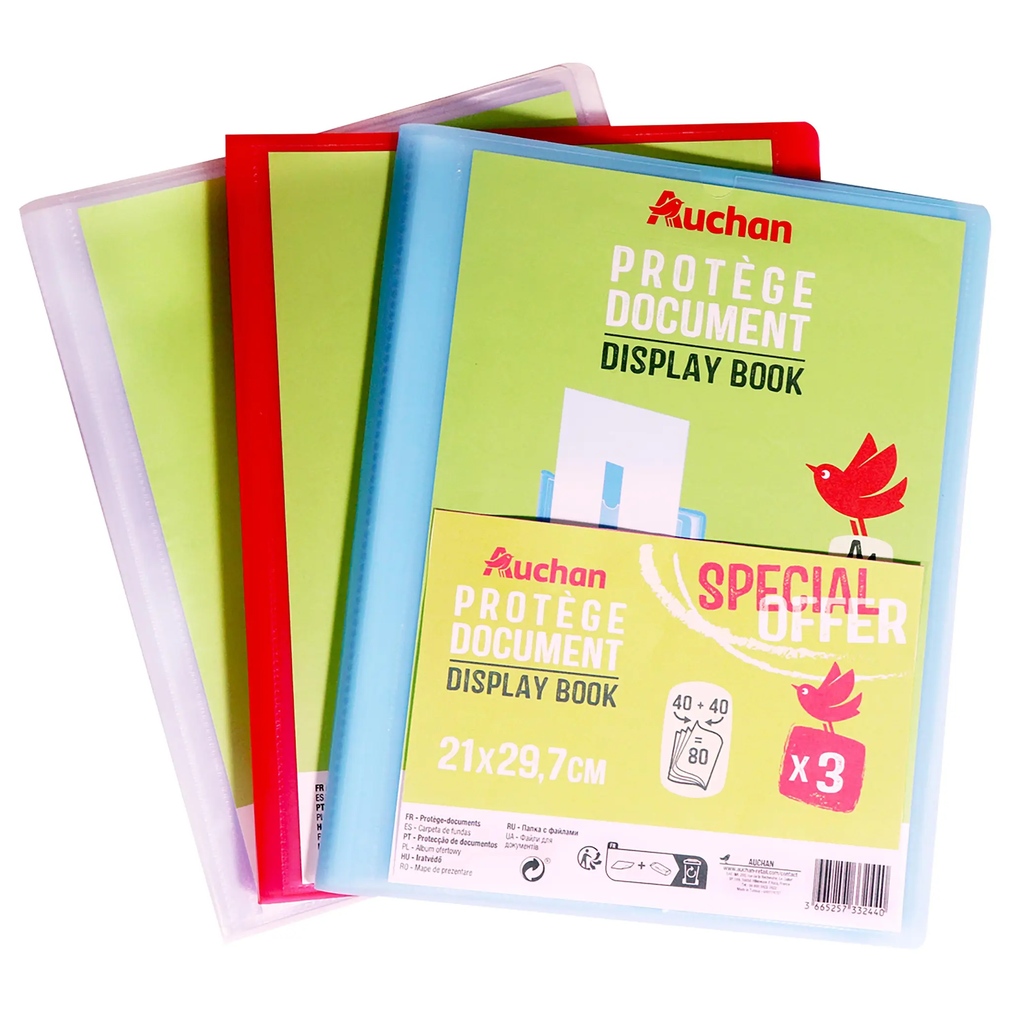 AUCHAN Lot de 3 protèges Document personnalisable x80 vues polypro