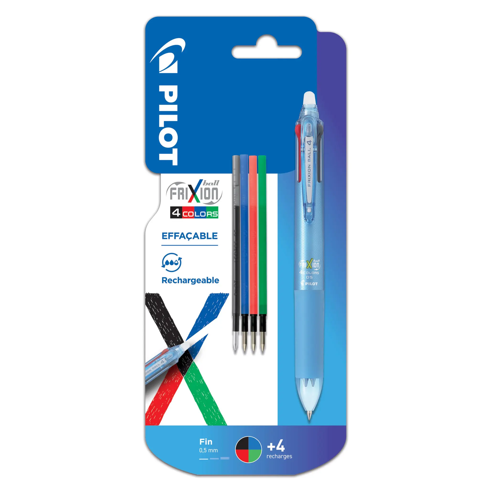 PILOT Stylo Frixion Ball 4 couleurs + recharge 4 couleurs - Bleu