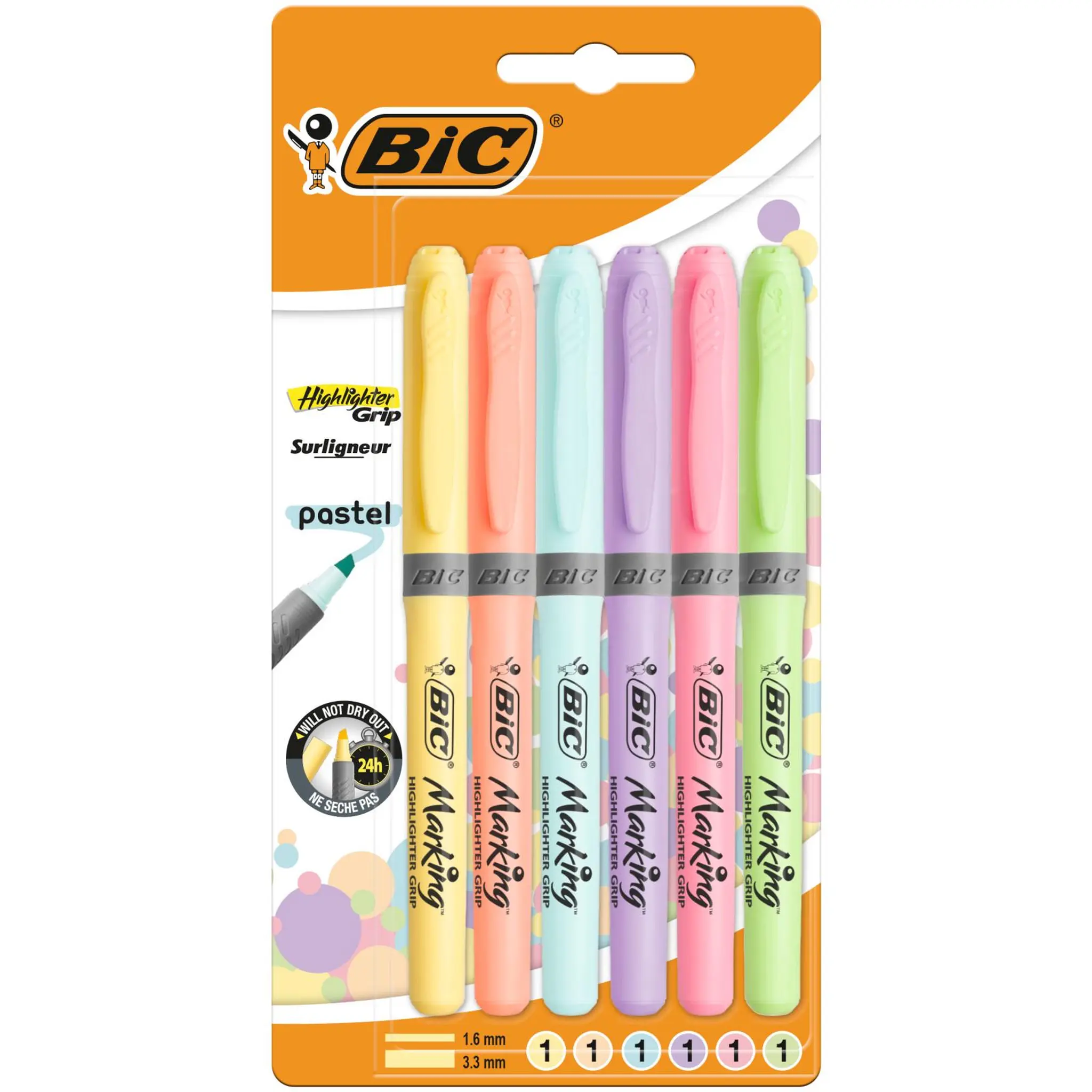 BIC 6 Surligneurs High Lighter Grip Pastel