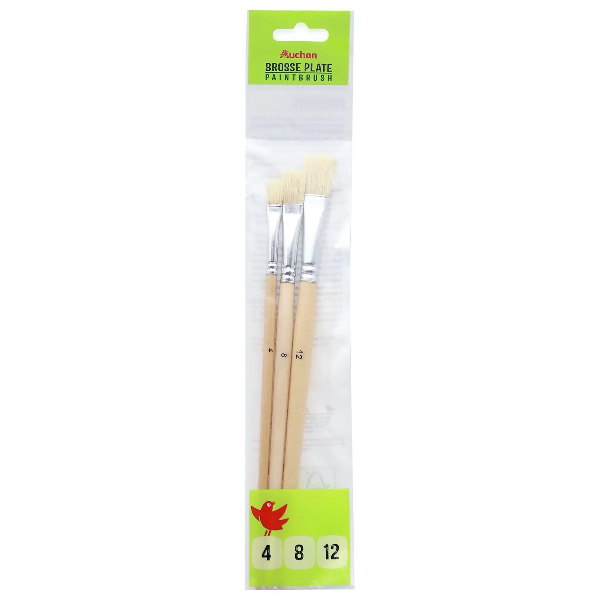 AUCHAN Lot de 3 pinceaux plats n°4, 8 & 12