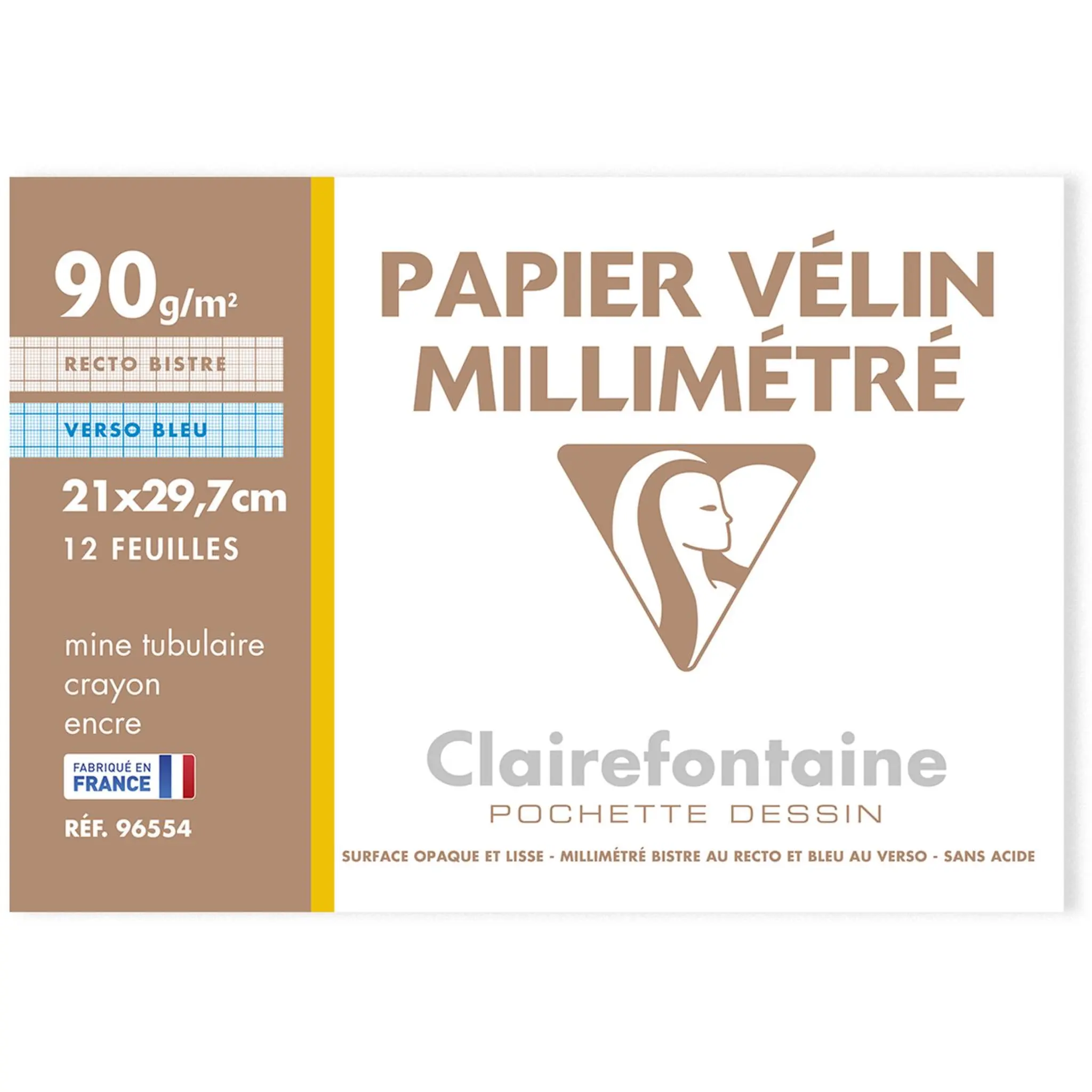 CLAIREFONTAINE Pochette papier millimétré 12 feuilles A4 90g/m2 bistre/bleu