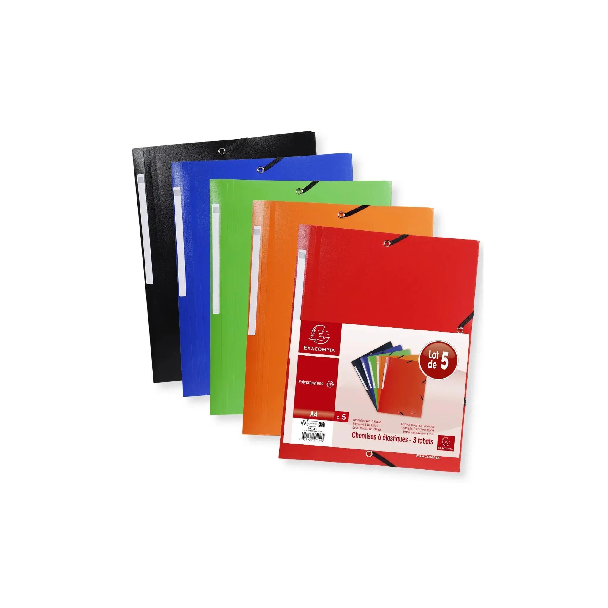 EXACOMPTA Lot de 5 chemises à élastiques 24x32cm, 3 rabats, polypro, coloris assortis