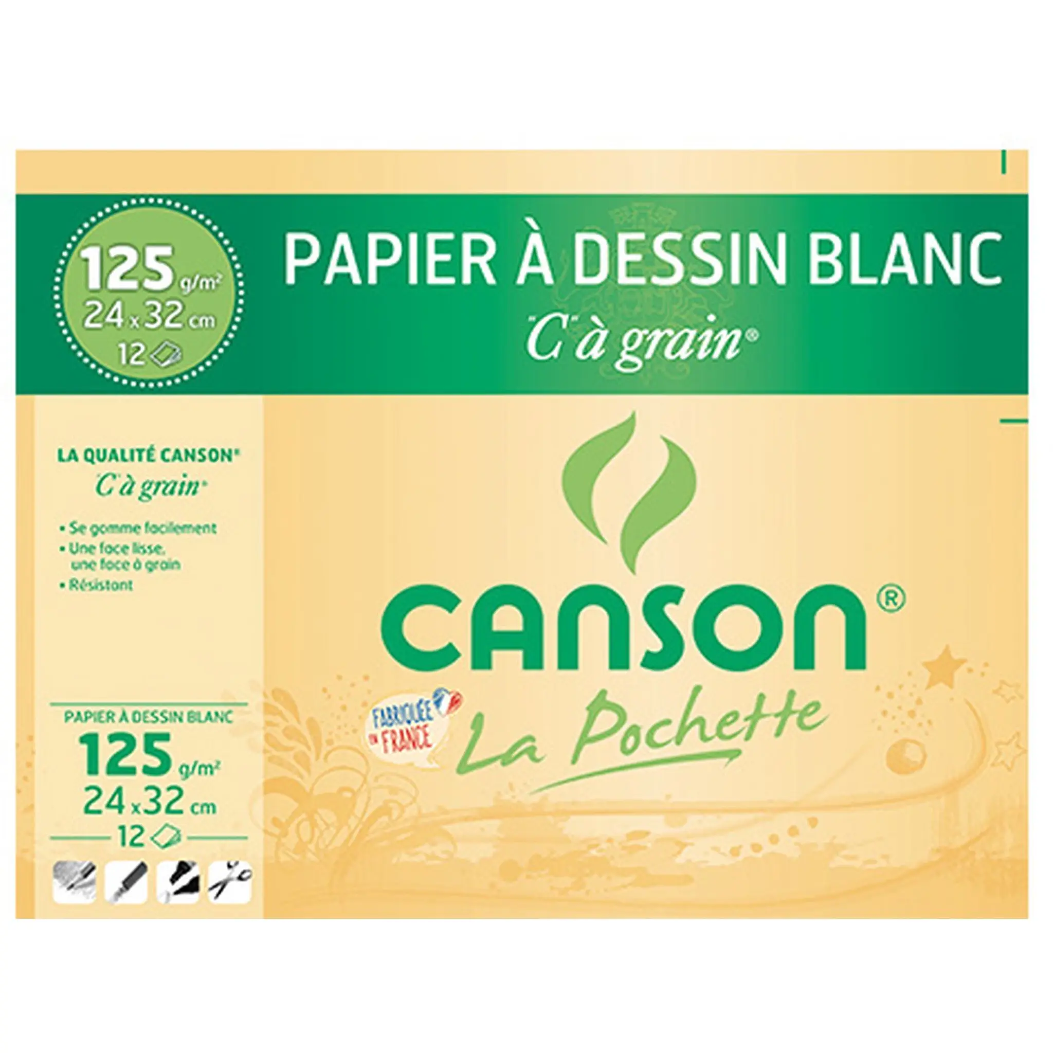 CANSON Pochette de papier à dessin 12 feuilles 24x32cm 125g/m2 blanc