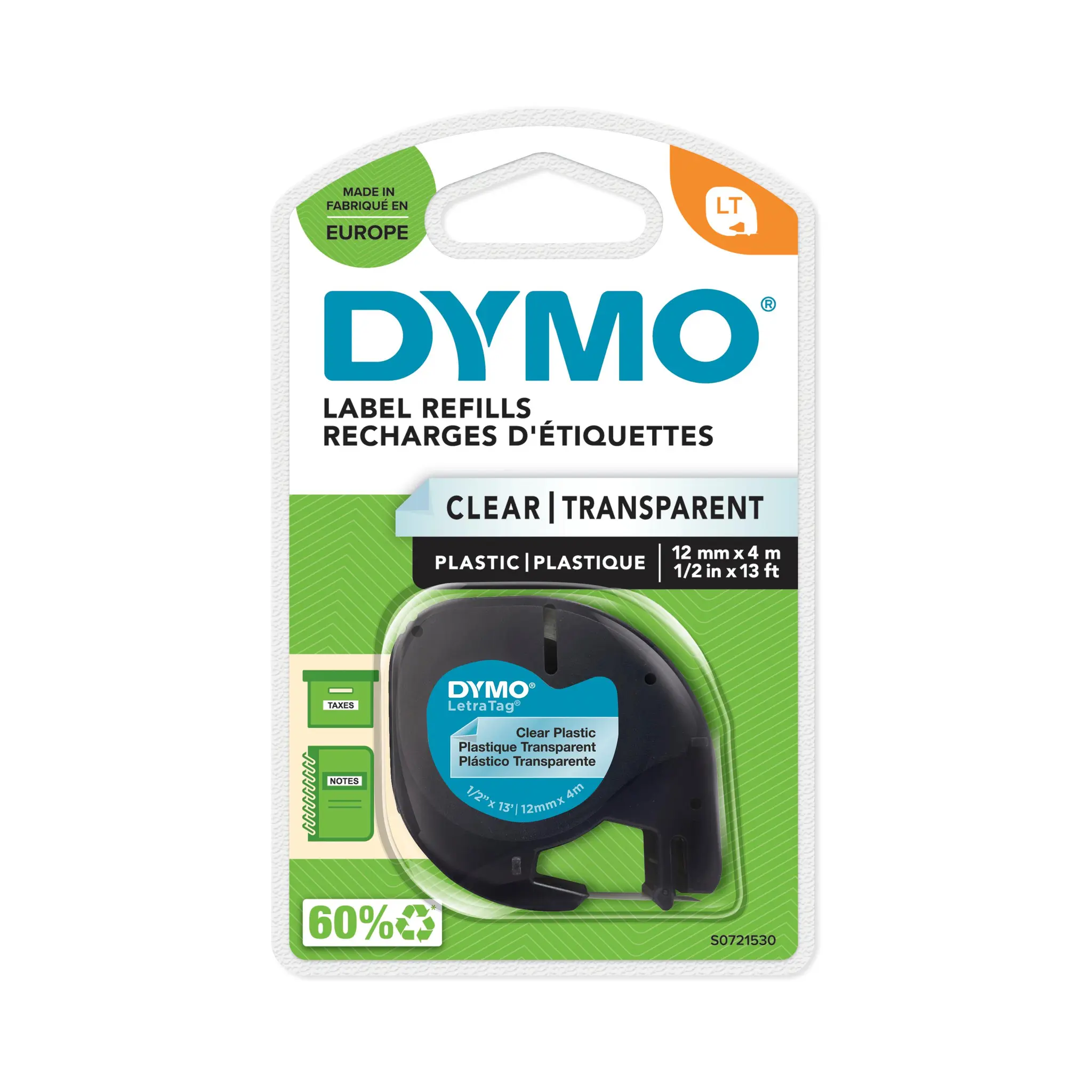 Ruban d'étiquettes plastique auto-adhésive fond transparent écriture noire 1 rouleau (12 mm x 4m) Dymo