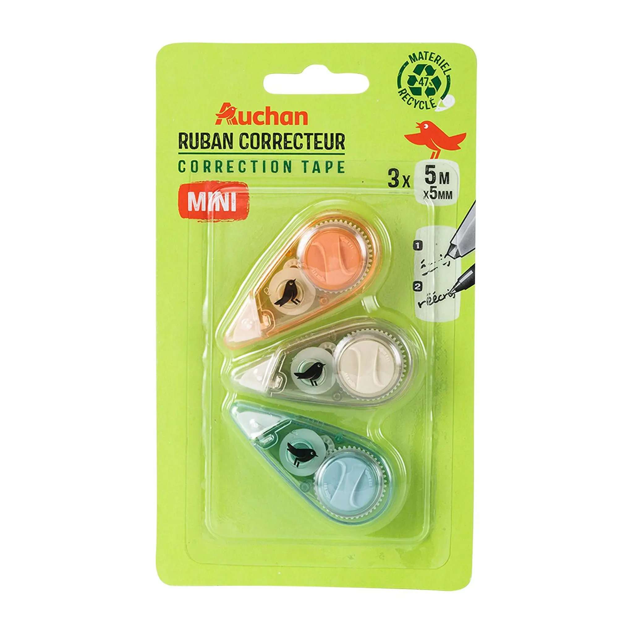 AUCHAN Pack de 3 mini rubans correcteurs 5 M - Coloris assortis