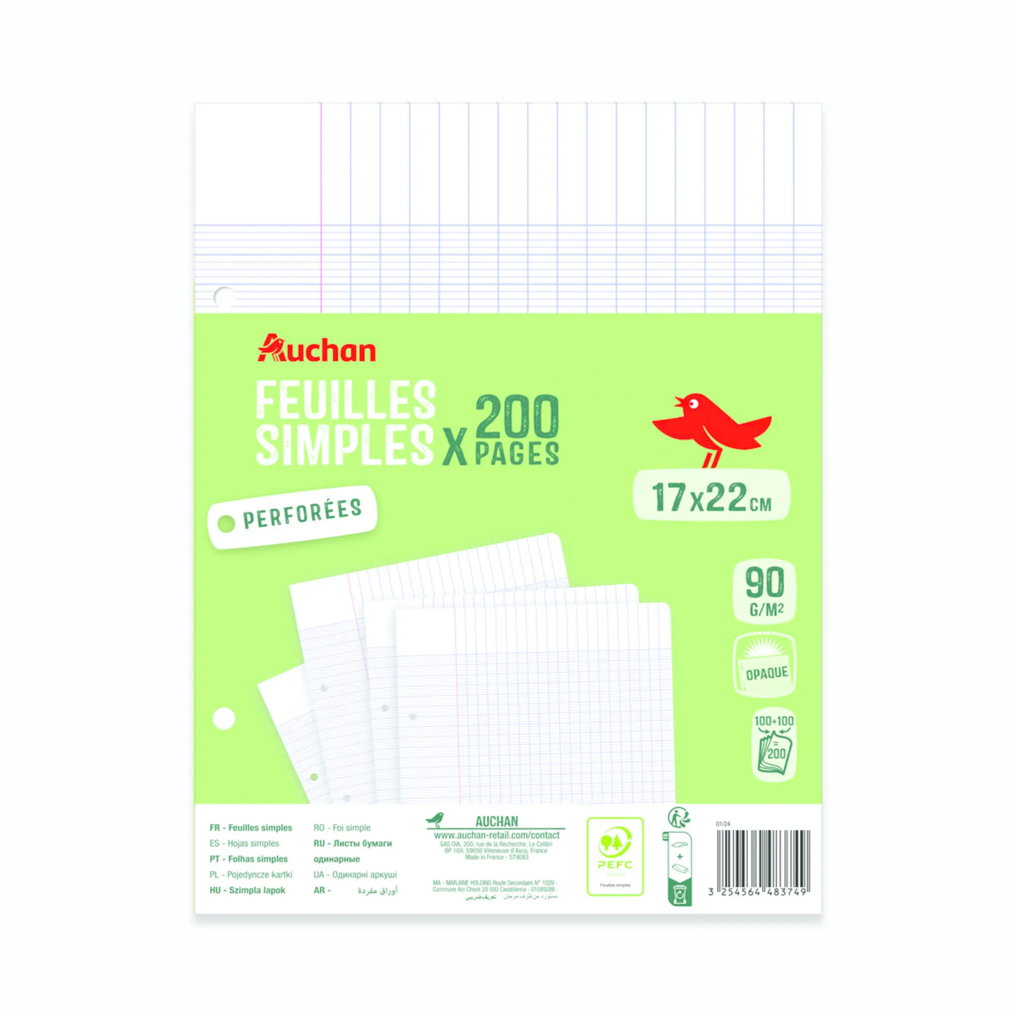 AUCHAN Feuilles simples 200 pages 21x29.7cm grands carreaux Seyes 90g blanches perforées