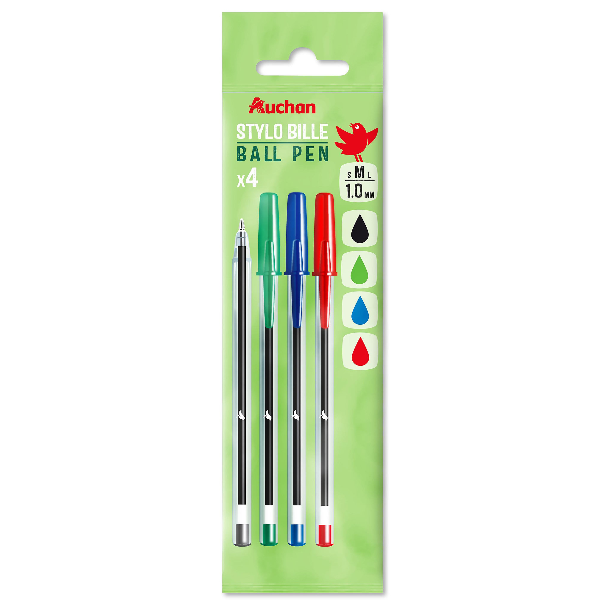 AUCHAN Lot de 4 stylos bille coloris assortis pointe moyenne 1 mm en bouteille recyclée