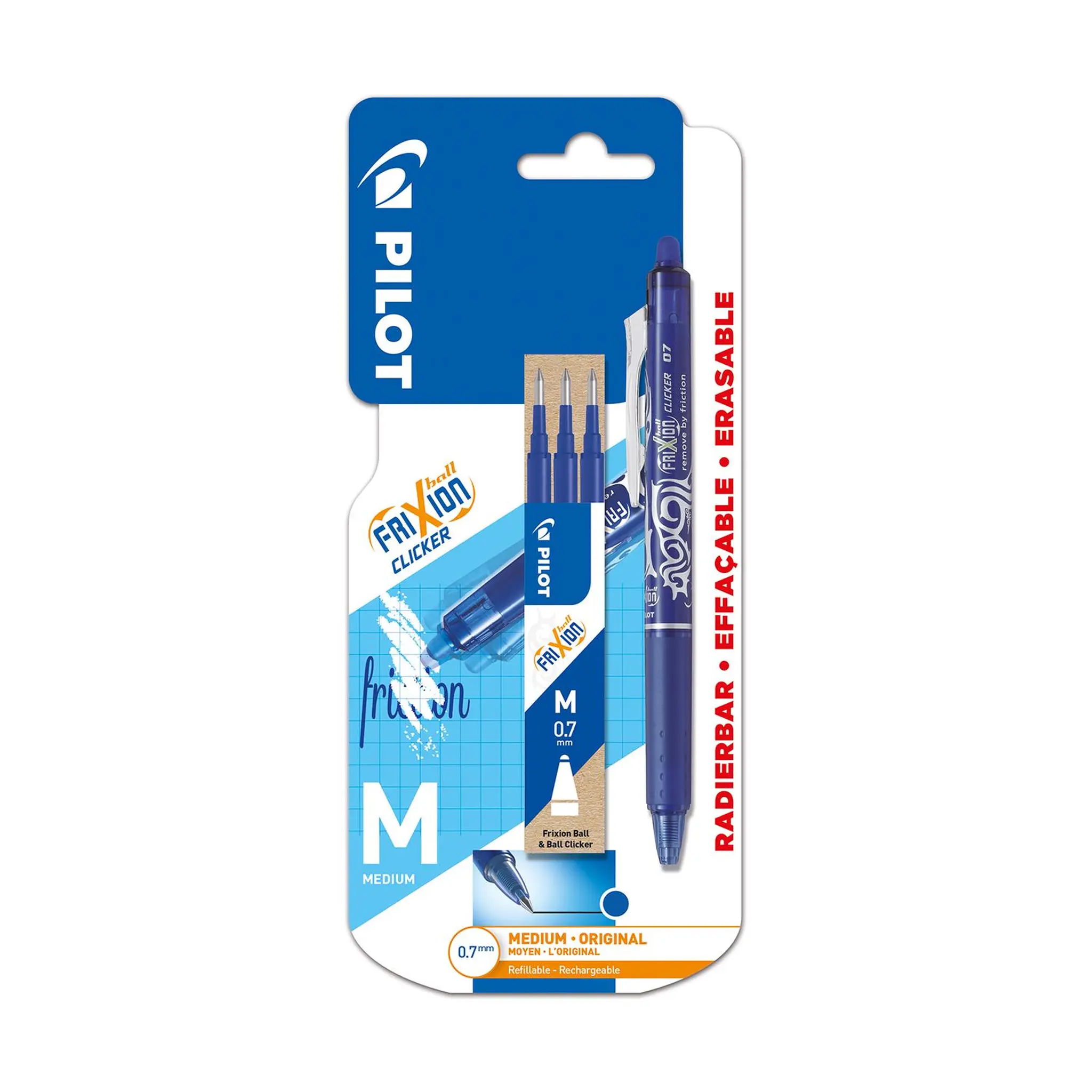 PILOT Stylo roller Frixion Clicker bleu + 3 recharges pointe moyenne