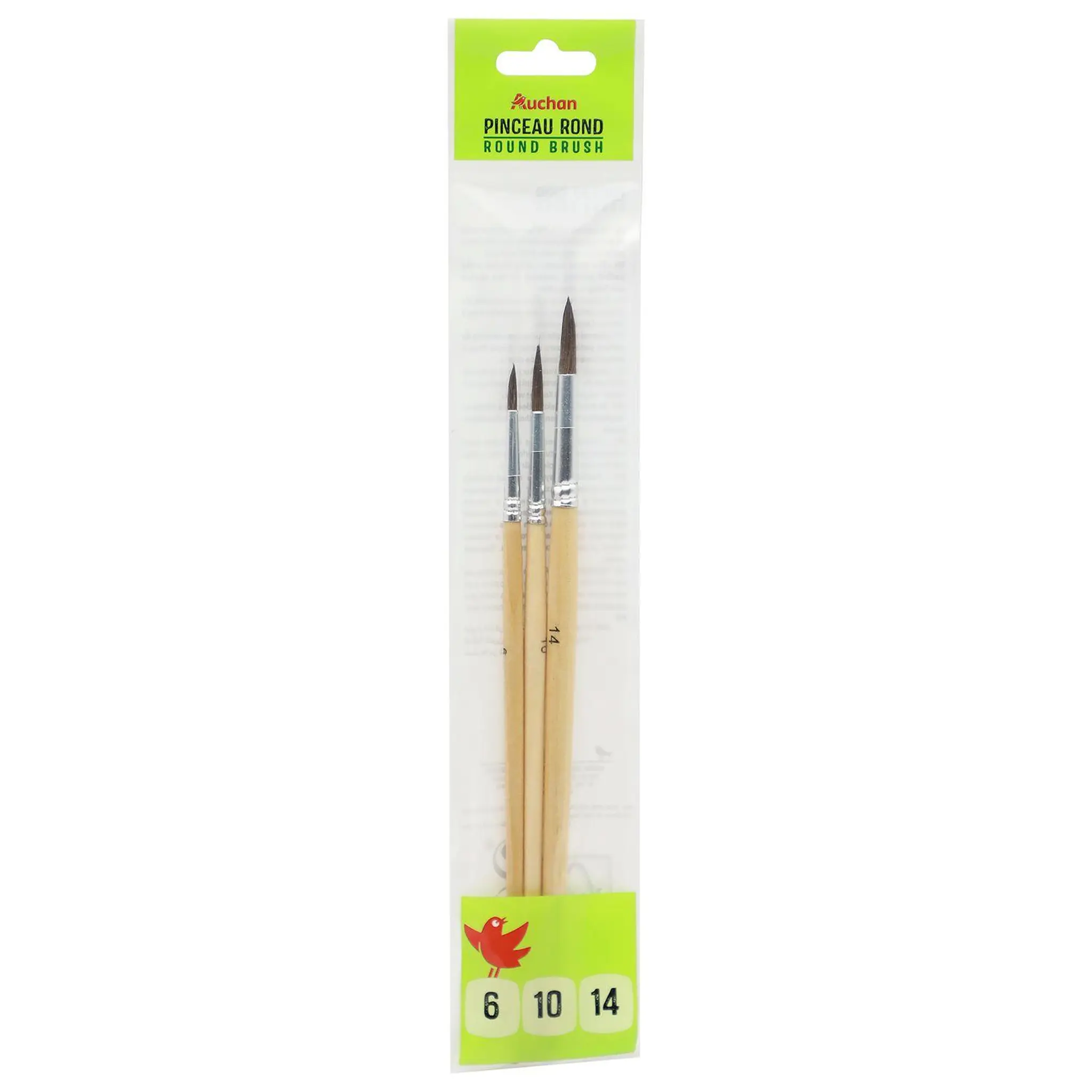 AUCHAN Lot de 3 pinceaux ronds n°6, 10 & 14