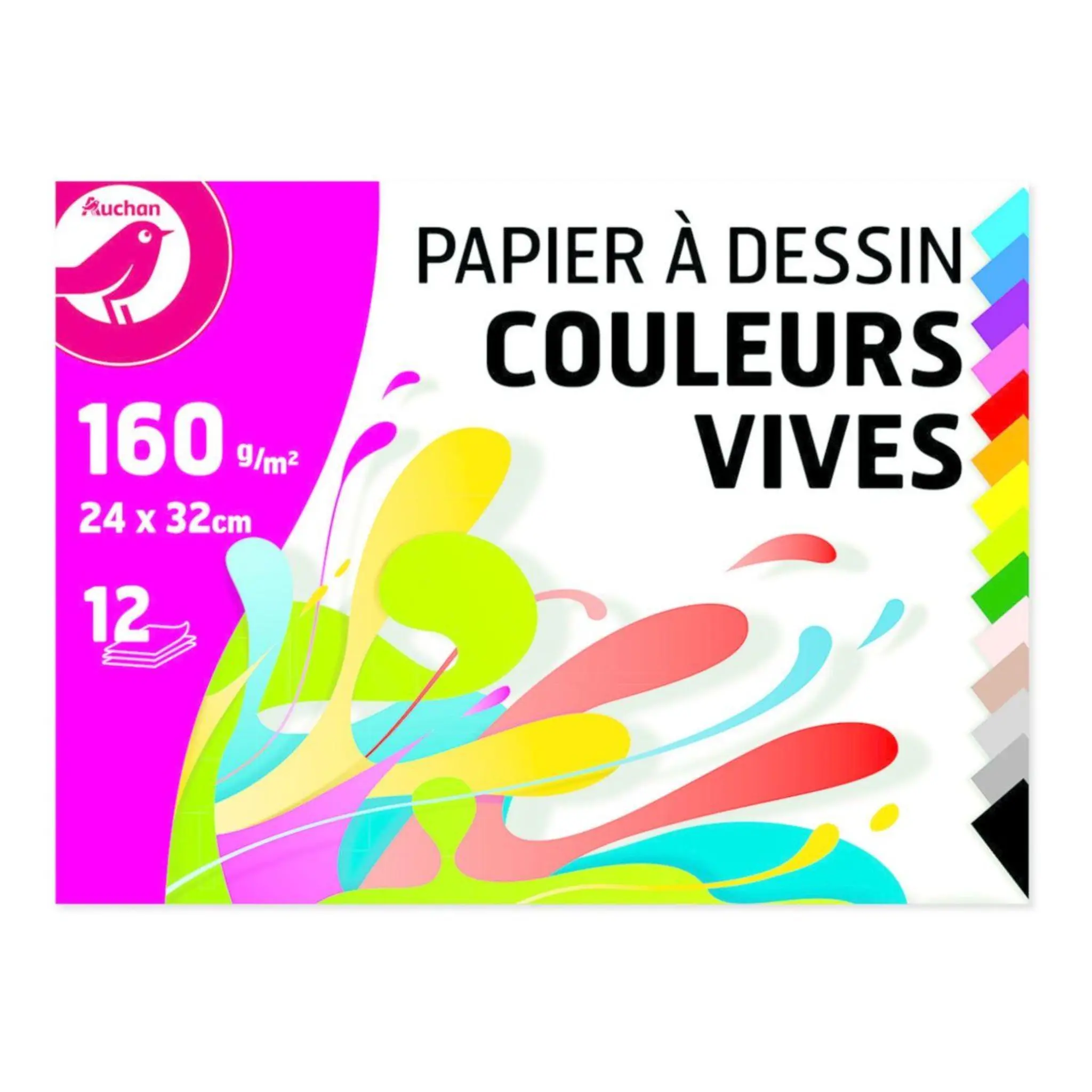 AUCHAN Pochette de papier à dessin à grain 12 feuilles 24x32cm 160g/m2 couleurs vives