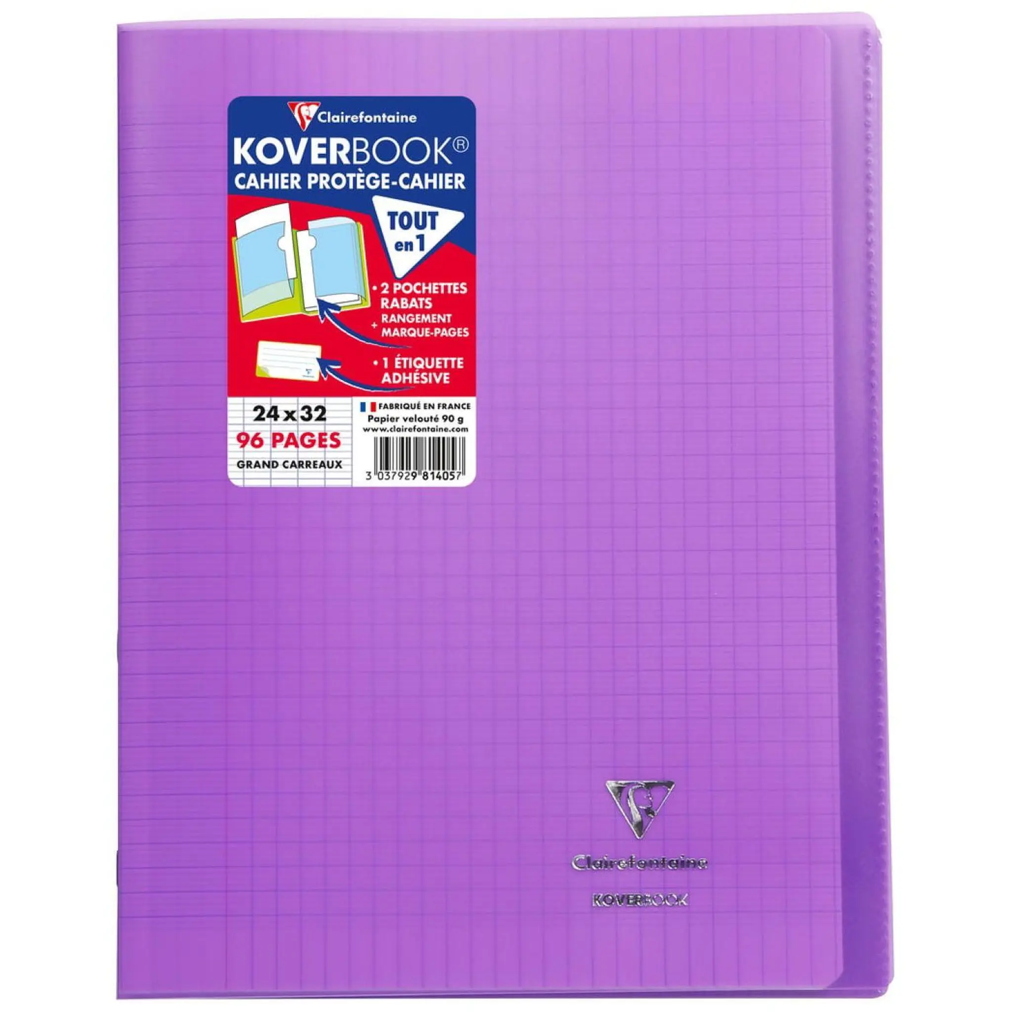 CLAIREFONTAINE Cahier piqué 24x32cm 96 pages grands carreaux Seyes - Violet