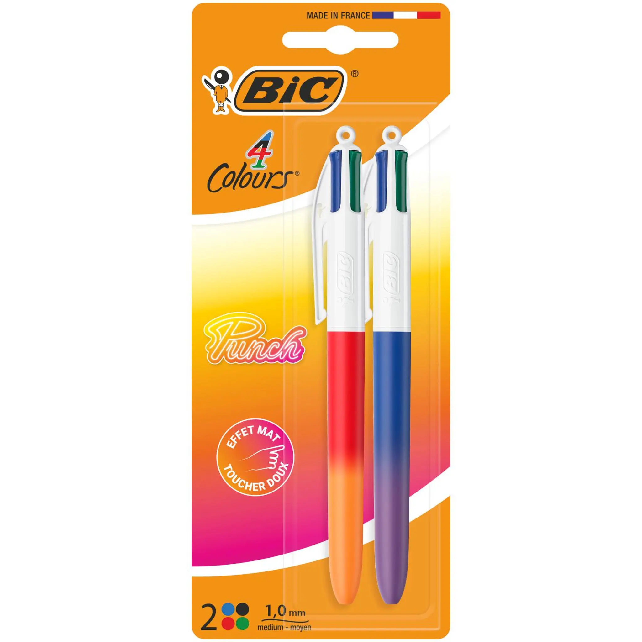 BIC Stylo bille 4 couleurs rétractable pointe moyenne Bicolore vif punch