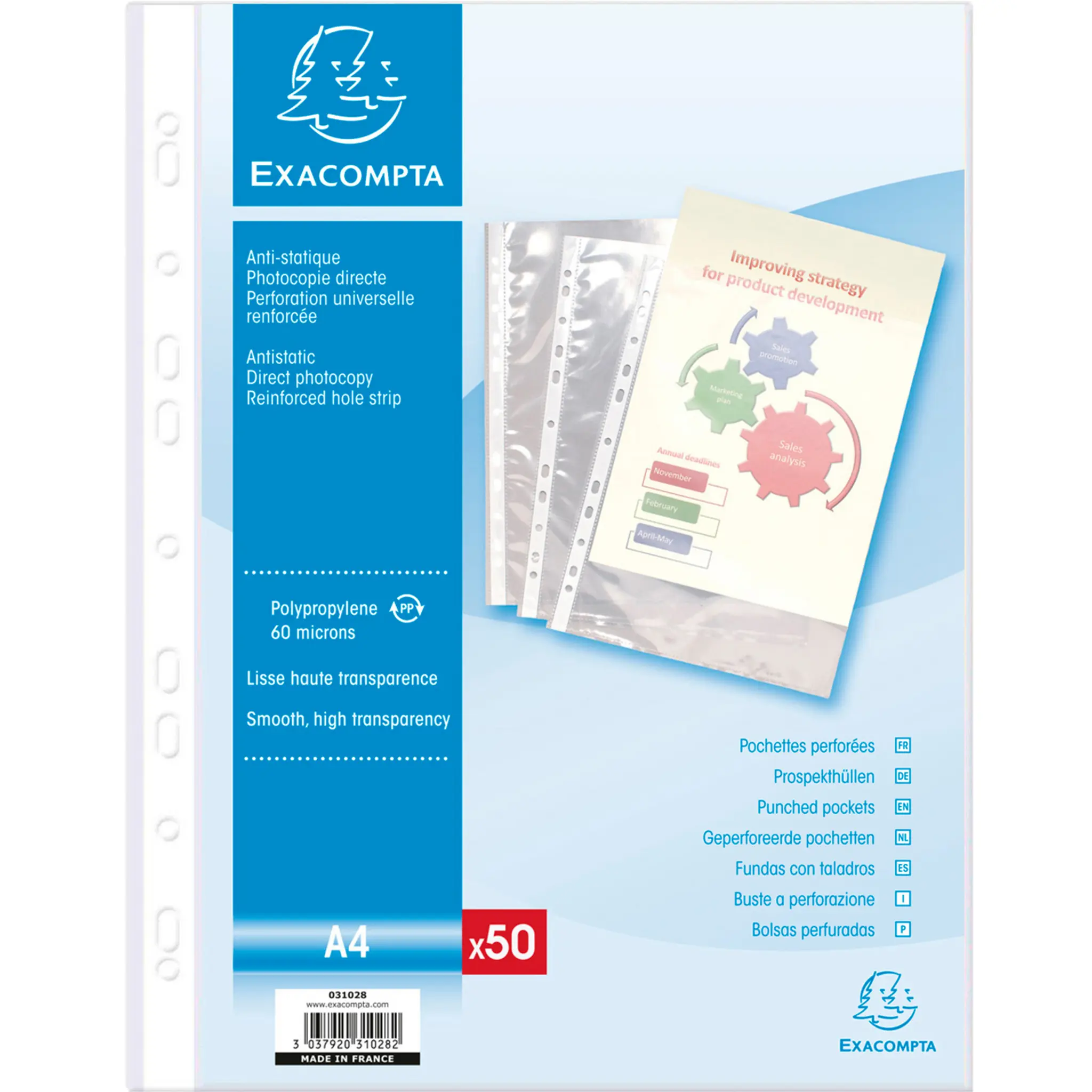 EXACOMPTA Lot de 50 pochettes perforées A4 lisses transparentes