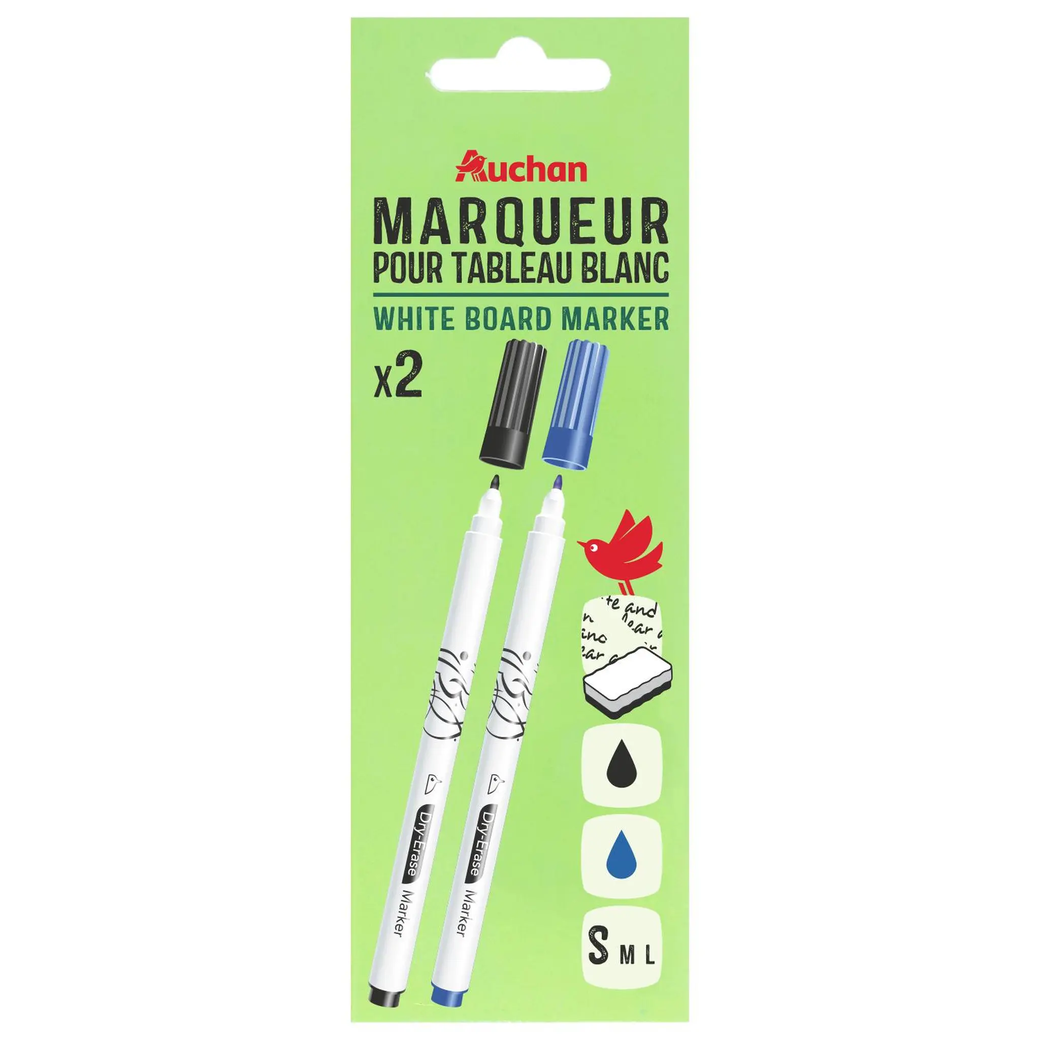 AUCHAN Marqueur effaçable à sec Pointe Fine - Noir et Bleu