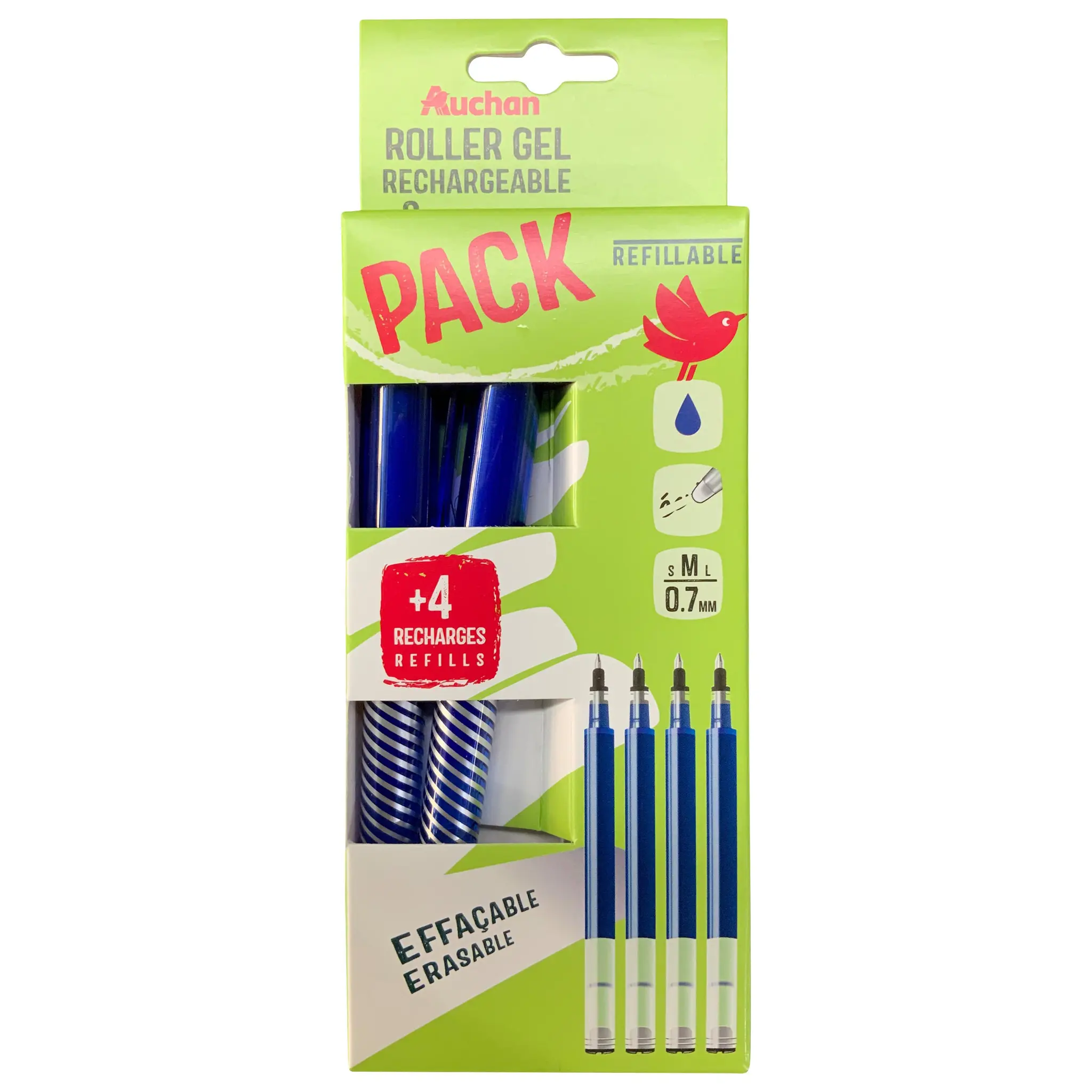 AUCHAN Roller Gel effaçable avec Capuchon + recharge x4 - Bleu