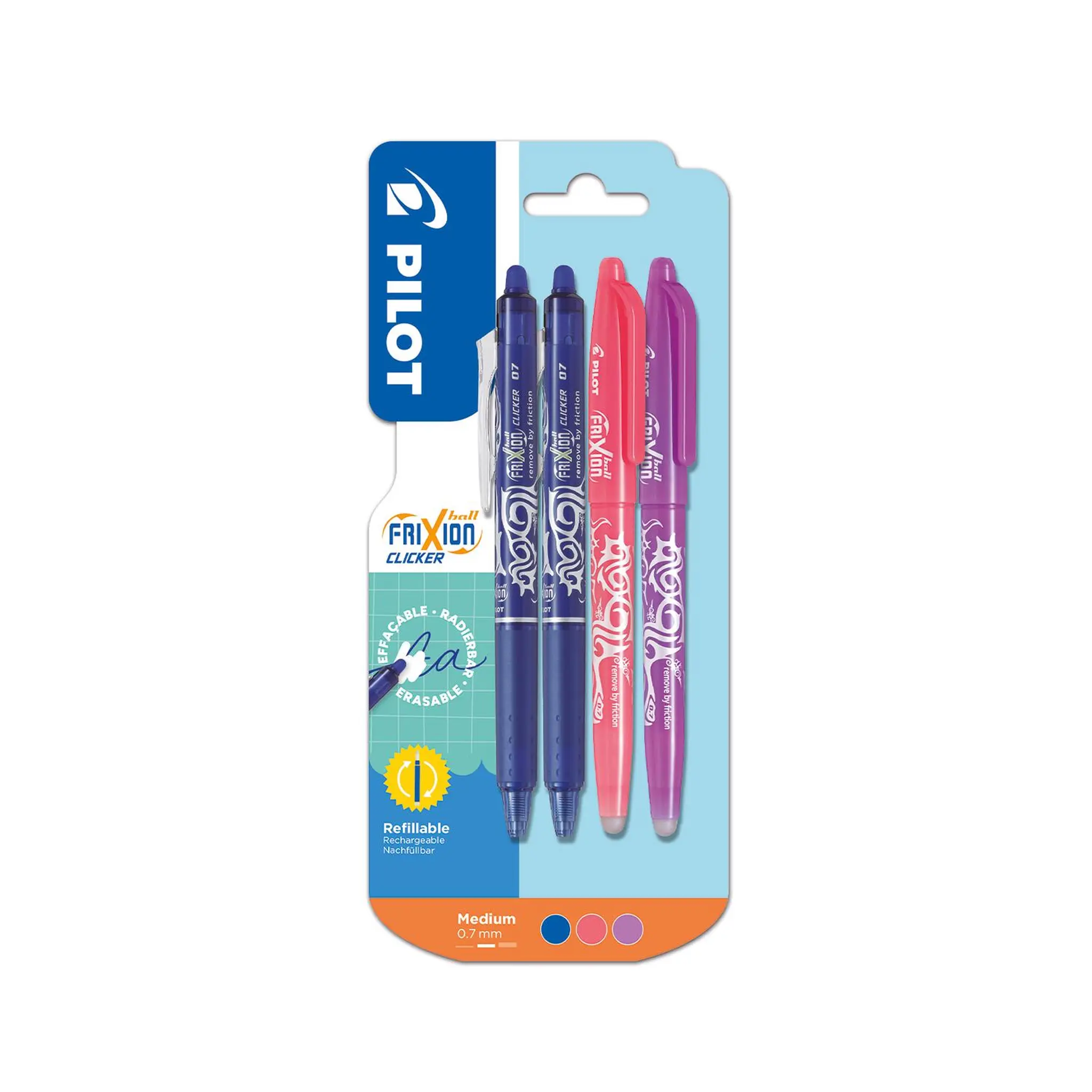 PILOT Stylos Frixion Ball x2 Bleu + Frixion Clicker x2 Mauve et Corail