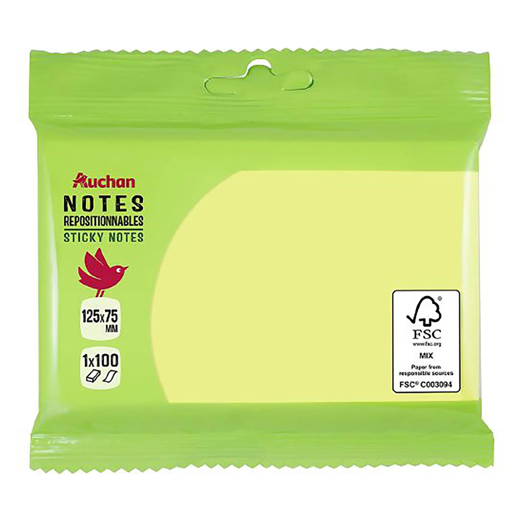 AUCHAN Bloc Note repositionnable x100 125x75mm - Jaune Fluo