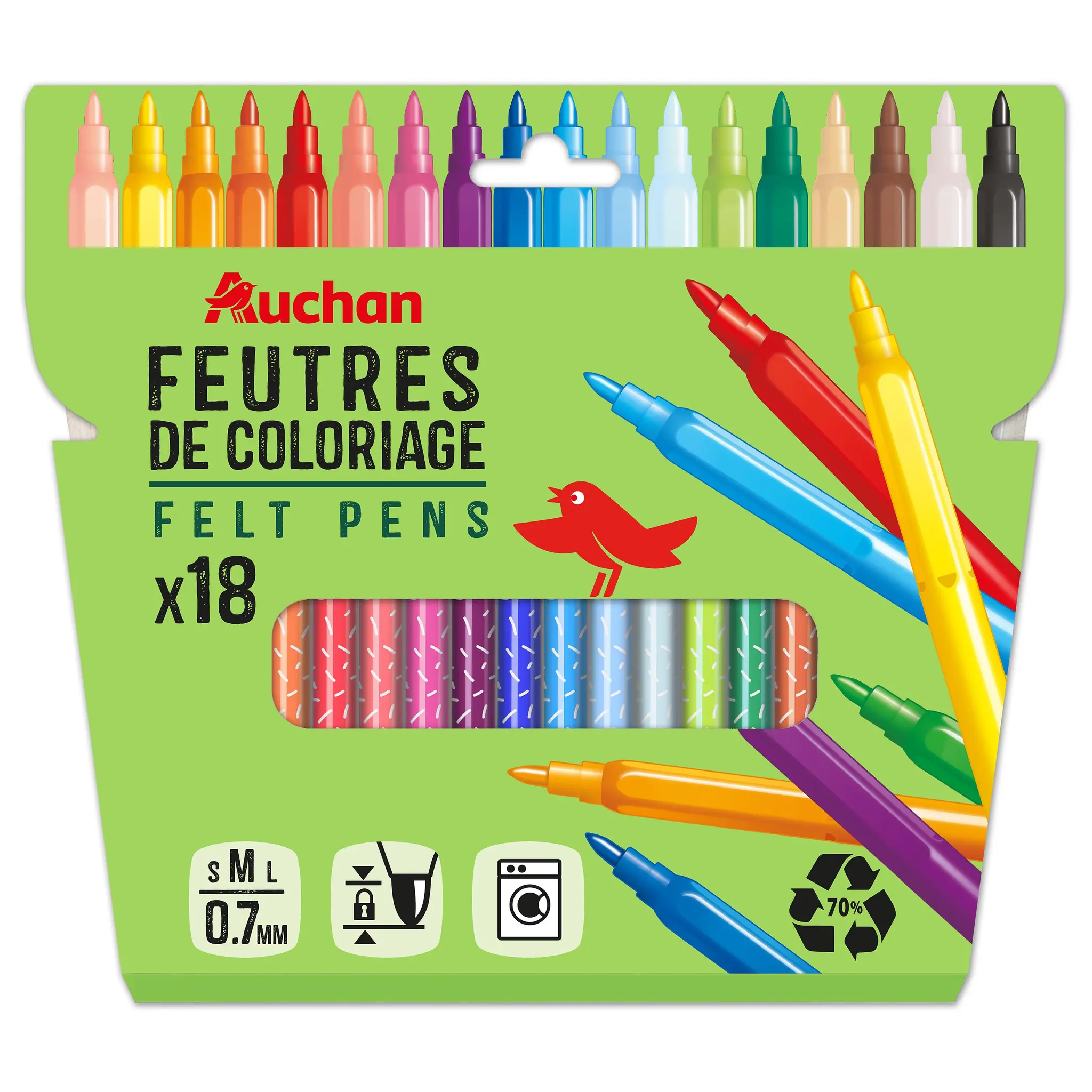 AUCHAN Etui de 18 feutres de coloriage pointe fine recyclés