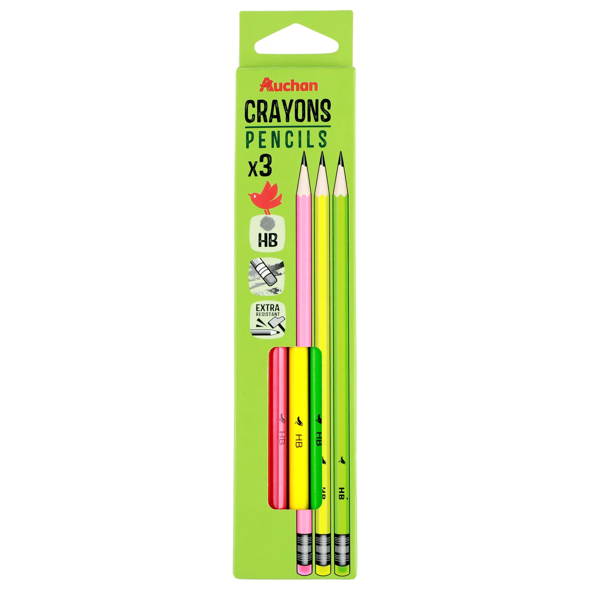 AUCHAN Lot de 3 Crayons Graphite Néon HB Bout de gomme