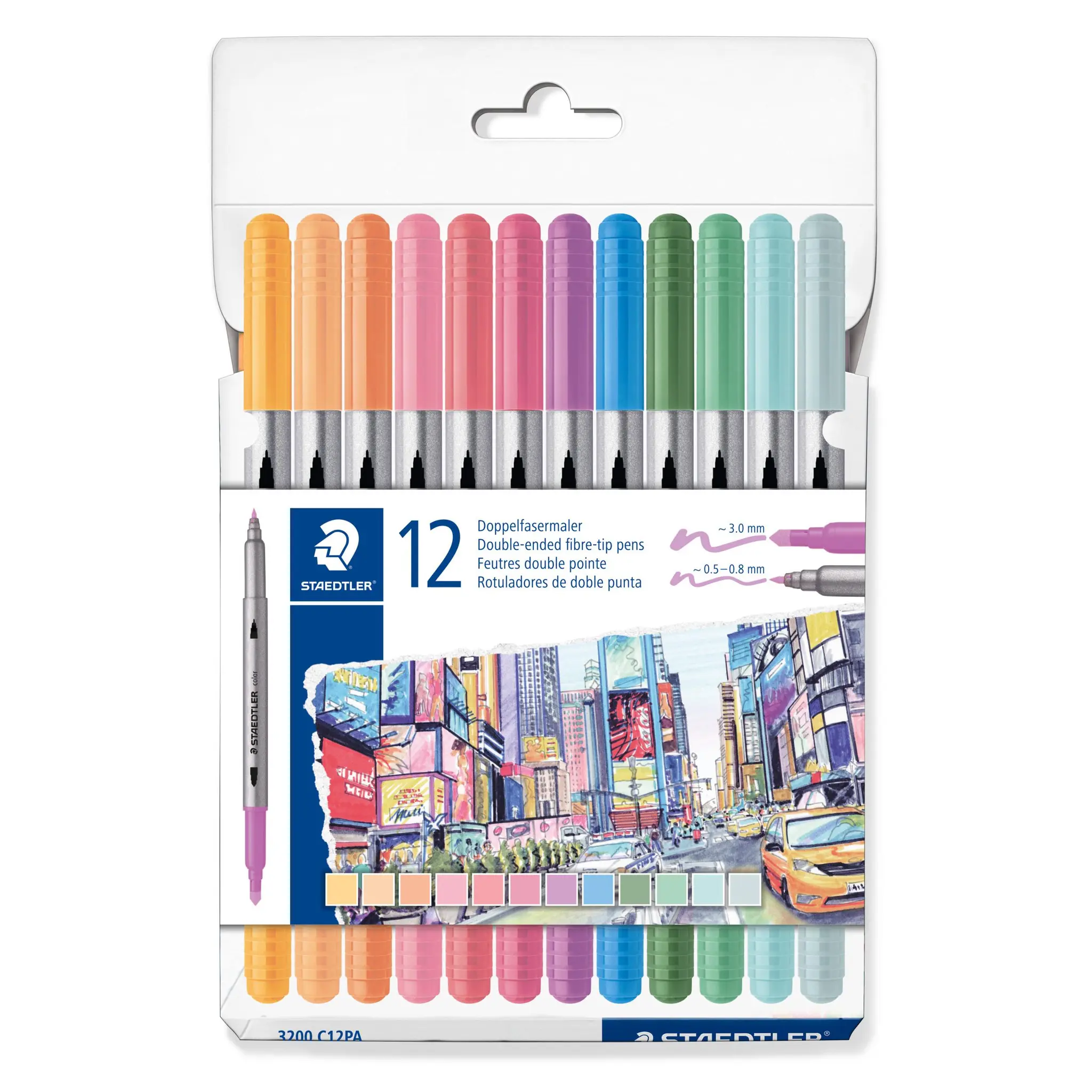 Feutres de coloriages double pointe x12 - 3,0 mm et 0,5 - 0,8 mm couleurs pastel STAEDTLER