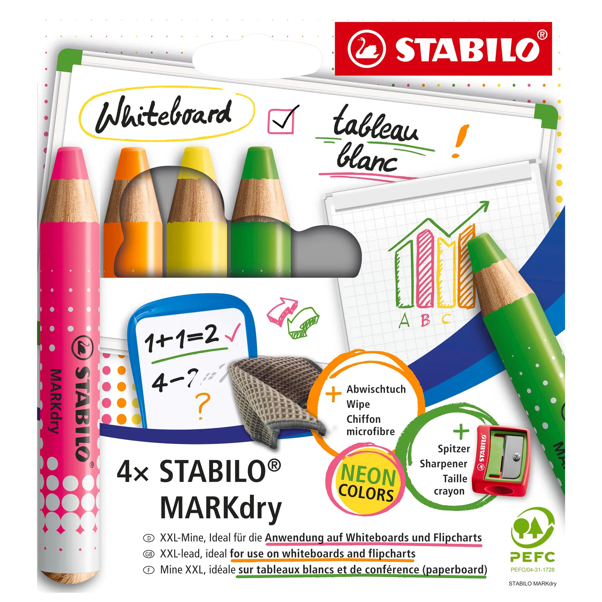 STABILO Lot de 4 Stabilo Markdry couleurs néon pour tableau blanc