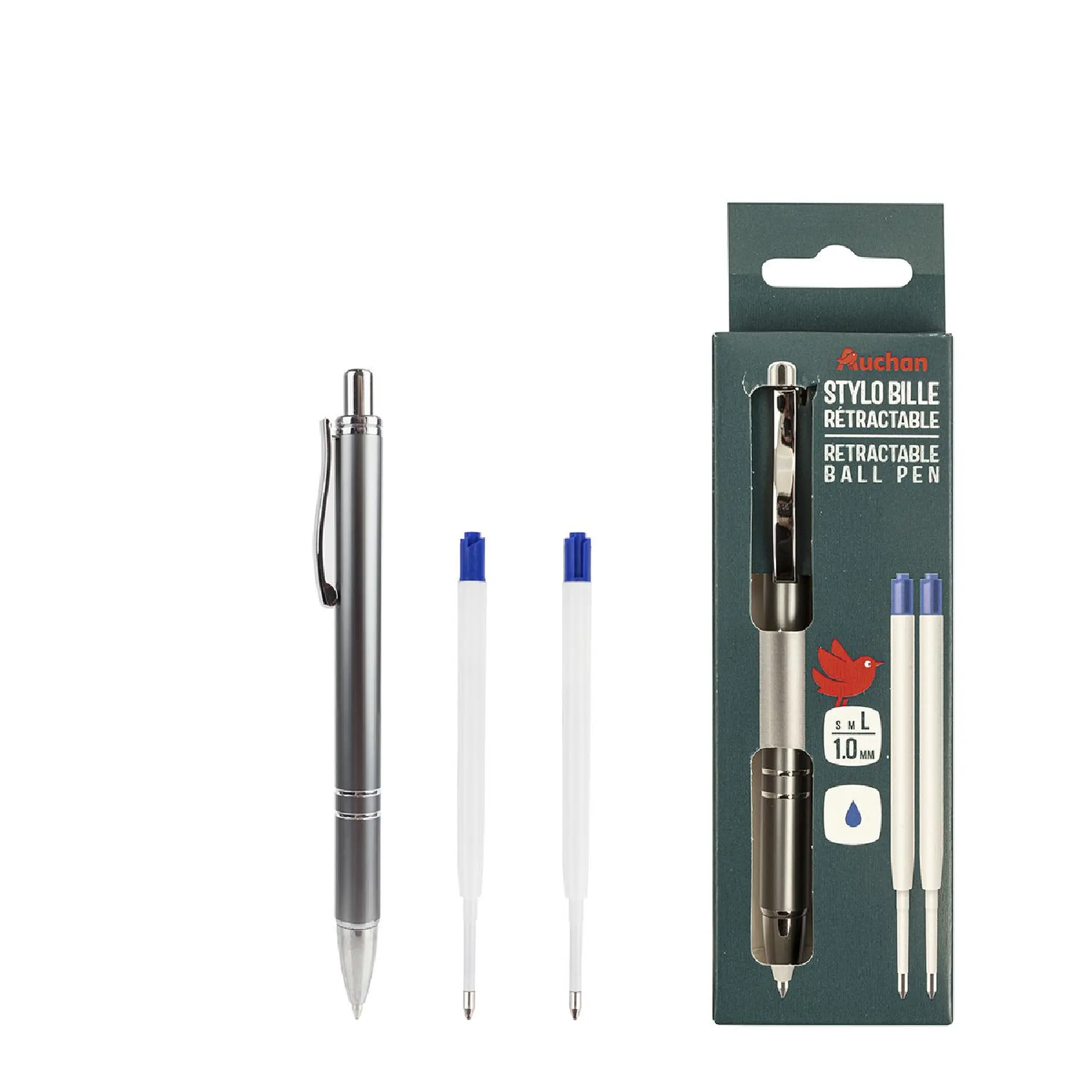 AUCHAN Stylo rétractable Premium+2 recharges - Bleu