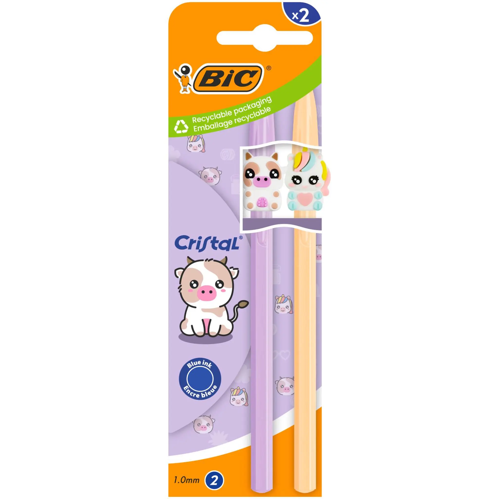 BIC Stylo bille x2 Cristal Figurine Vache+Licorne