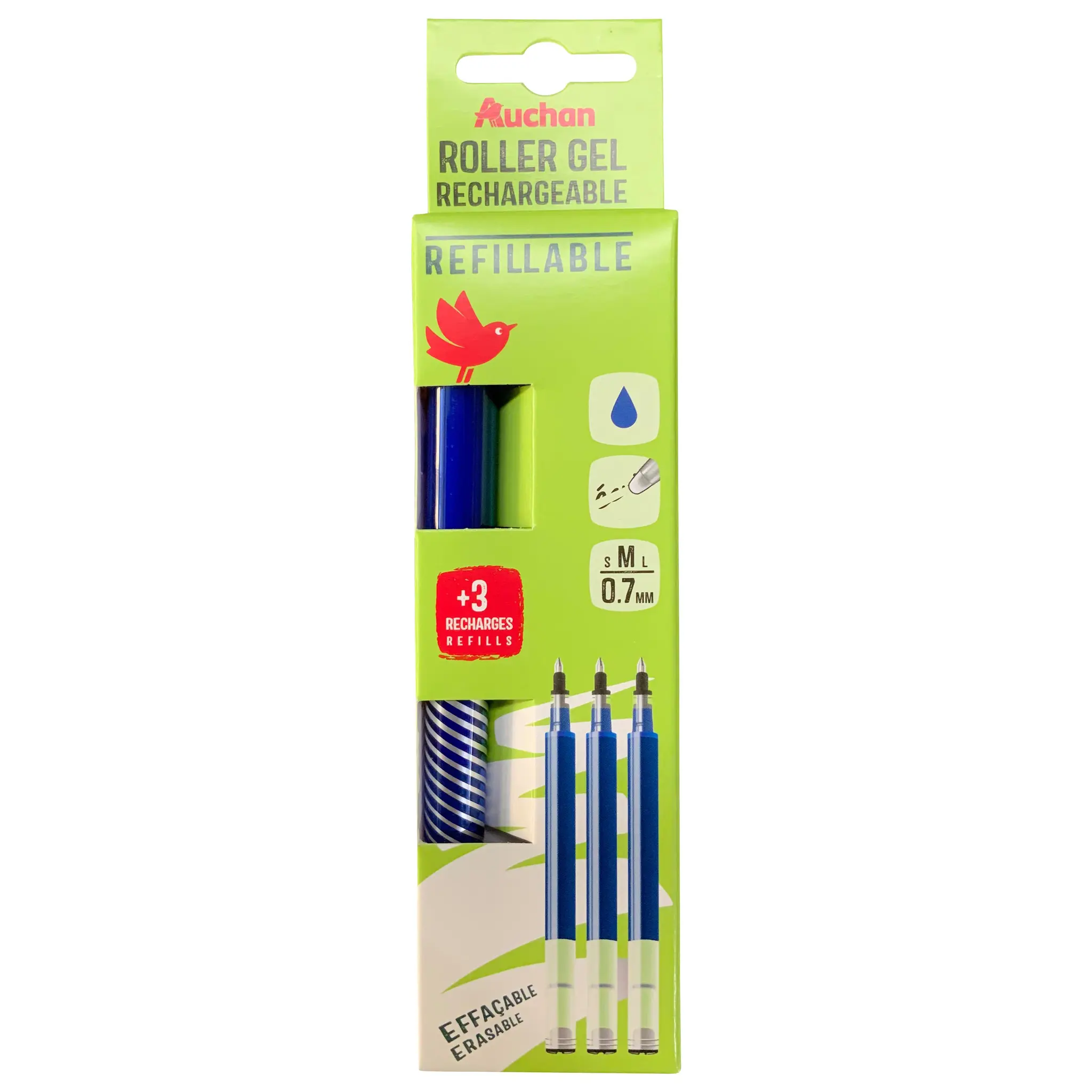 AUCHAN Roller Gel effaçable avec Capuchon + recharge x3 - Bleu