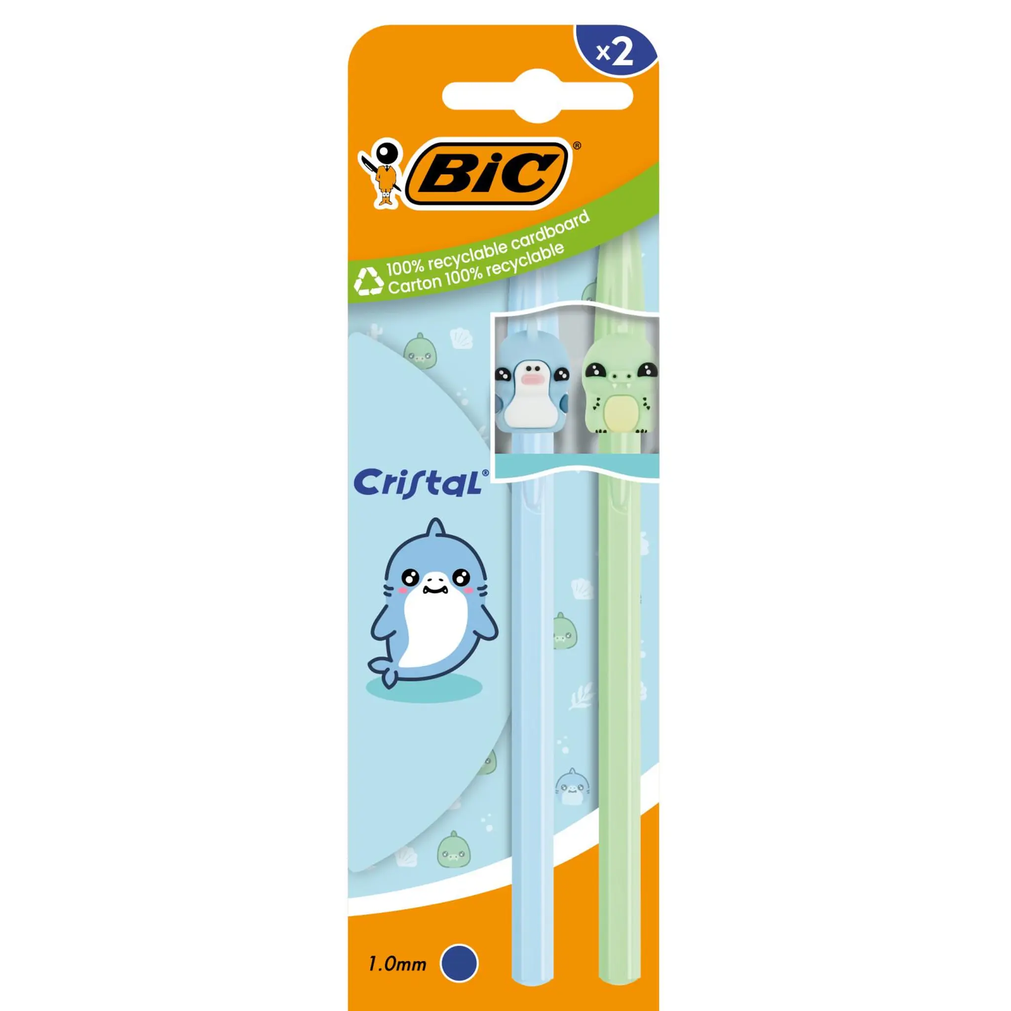 BIC Stylo bille x2 Cristal Figurine Requin + Dinosaure
