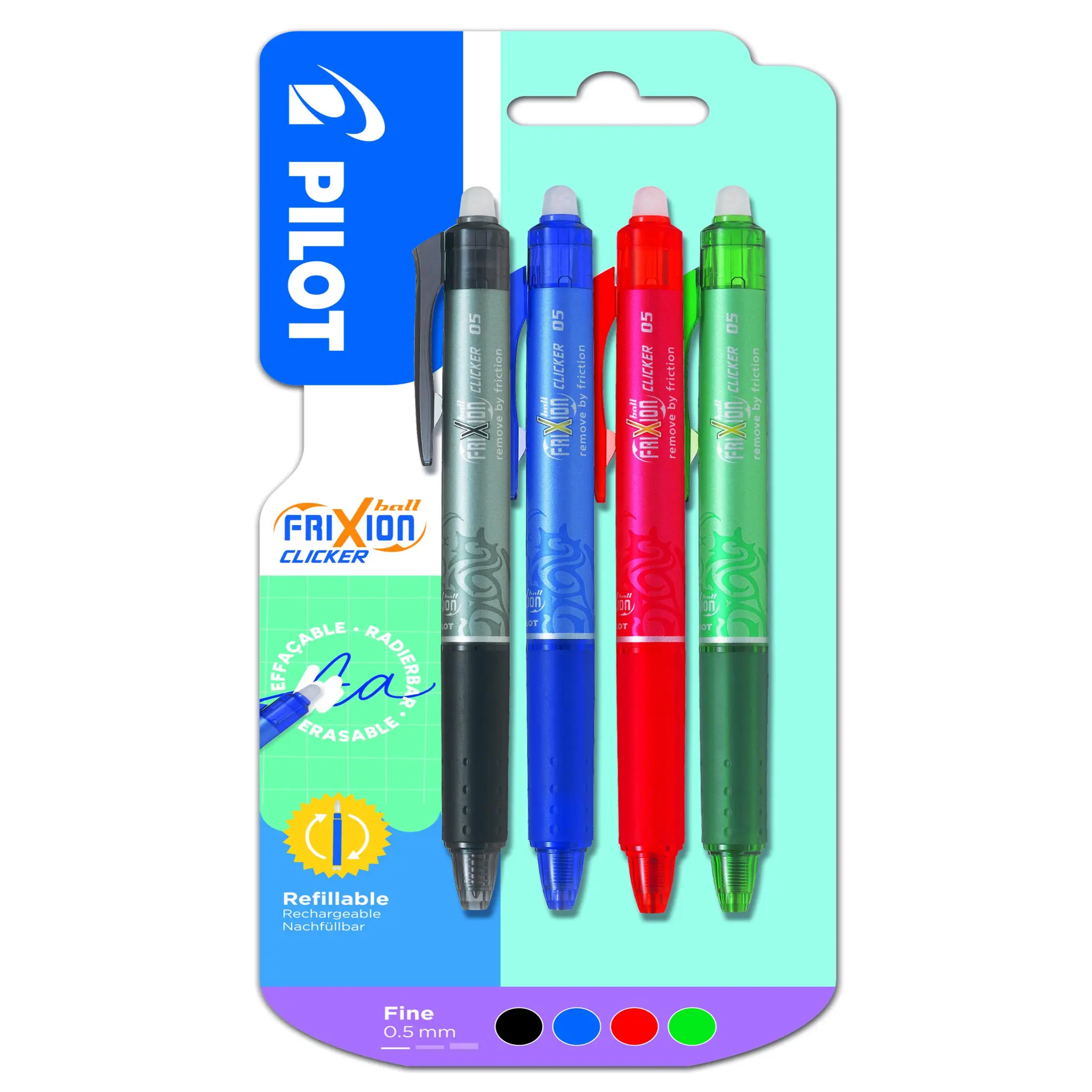 PILOT Stylos Frixion Clicker pointe fine x 4 Bleu / Noir / Rouge / Vert