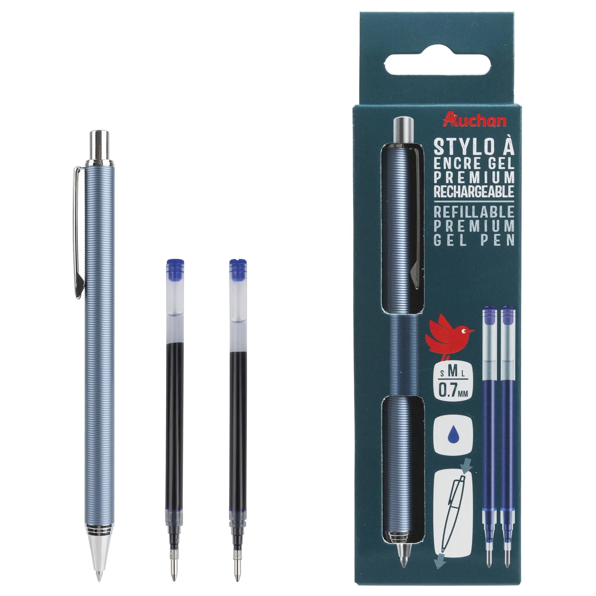 AUCHAN Stylo Gel Premium Rétractable +2 recharges - Bleu