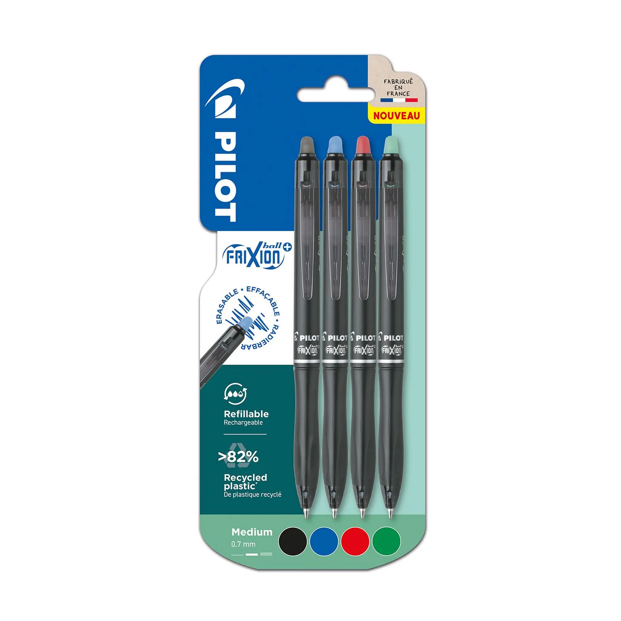 PILOT Lot de 4 Frixion Ball Noir, bleu, rouge et vert