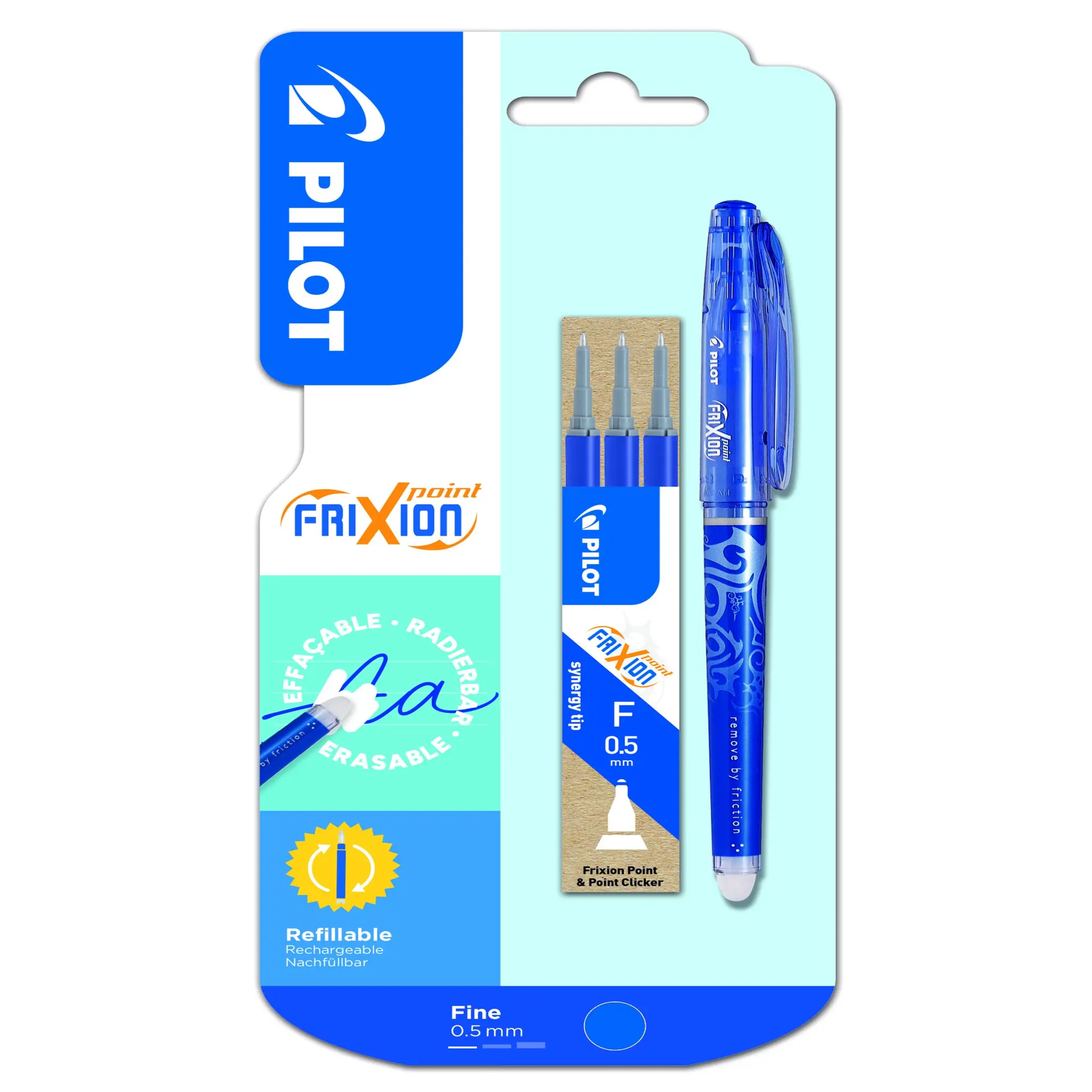 PILOT Stylo Frixion Point Bleu + 1étui de 3 recharges Bleu
