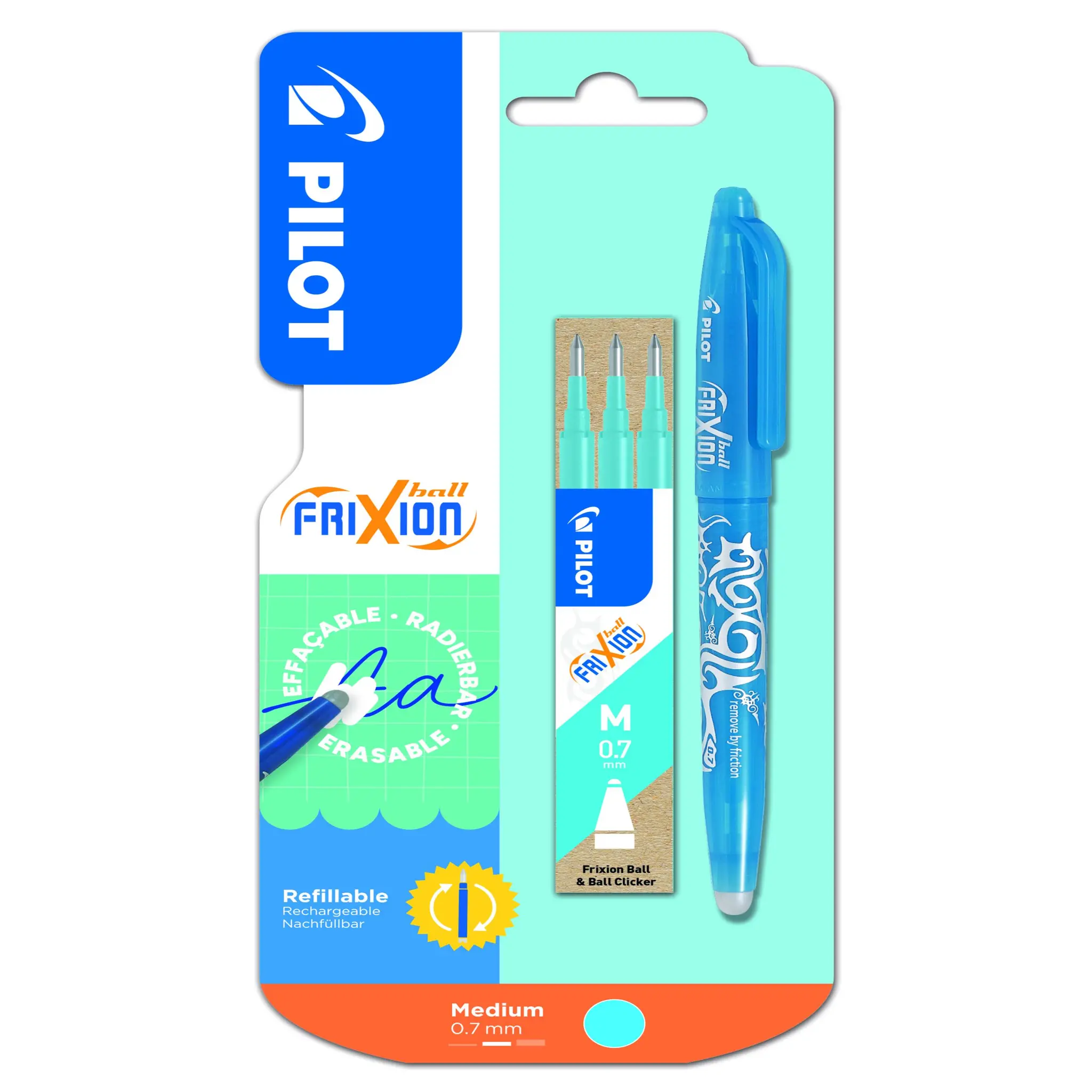PILOT Stylo Frixion Ball Turquoise + 1 étui de 3 recharges Turquoise
