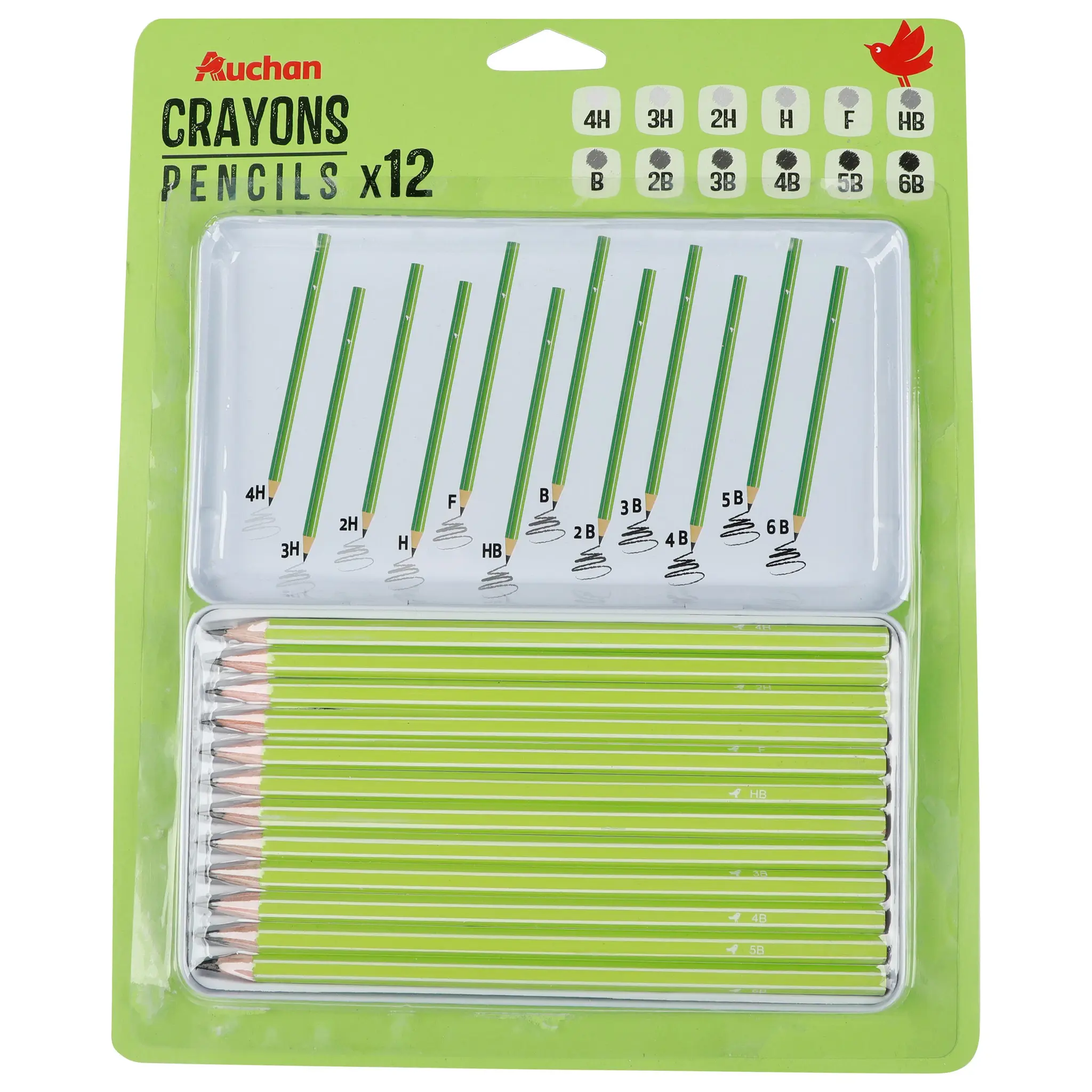 AUCHAN Boite métale de 12 Crayons Graphites 4H+6B+1F+1HB